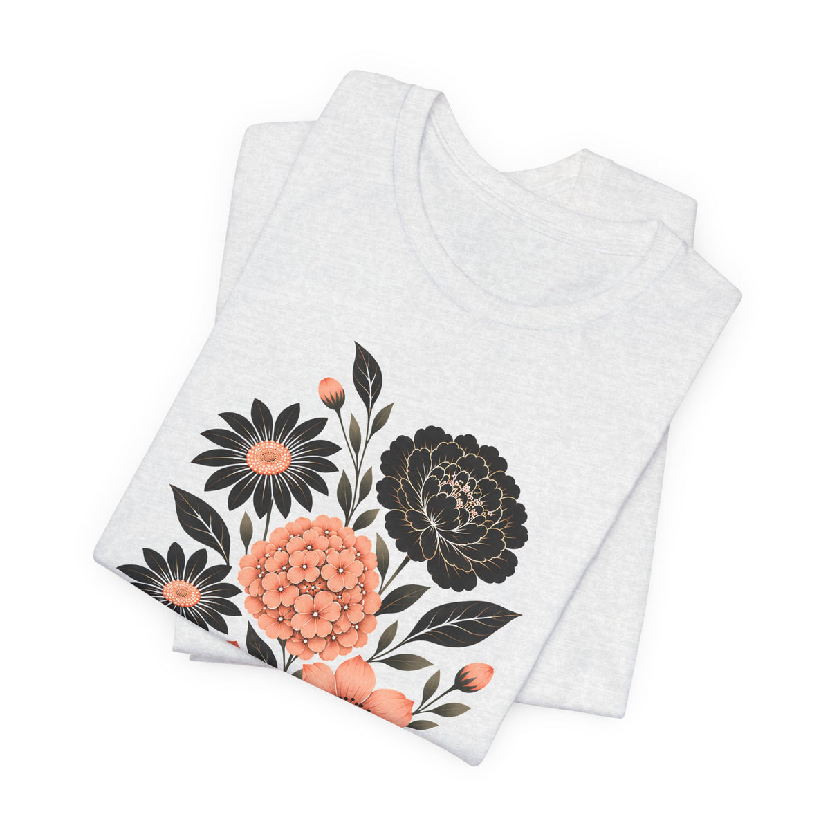 Floral Bouquet T-Shirt, Peach & Black Garden Flower Tee - 14502