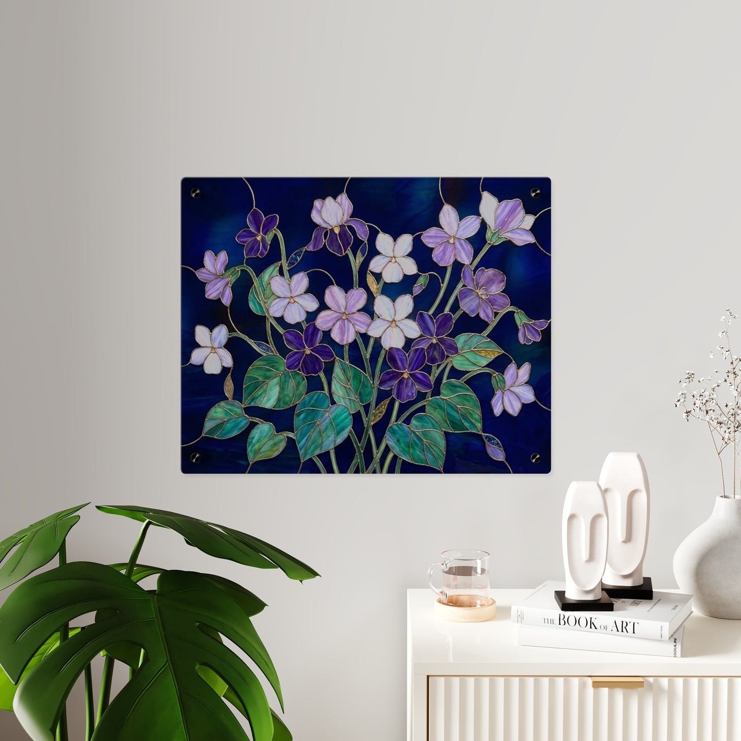Violet Floral Acrylic Wall Art Panel — Purple Violets on Deep Blue - 14600