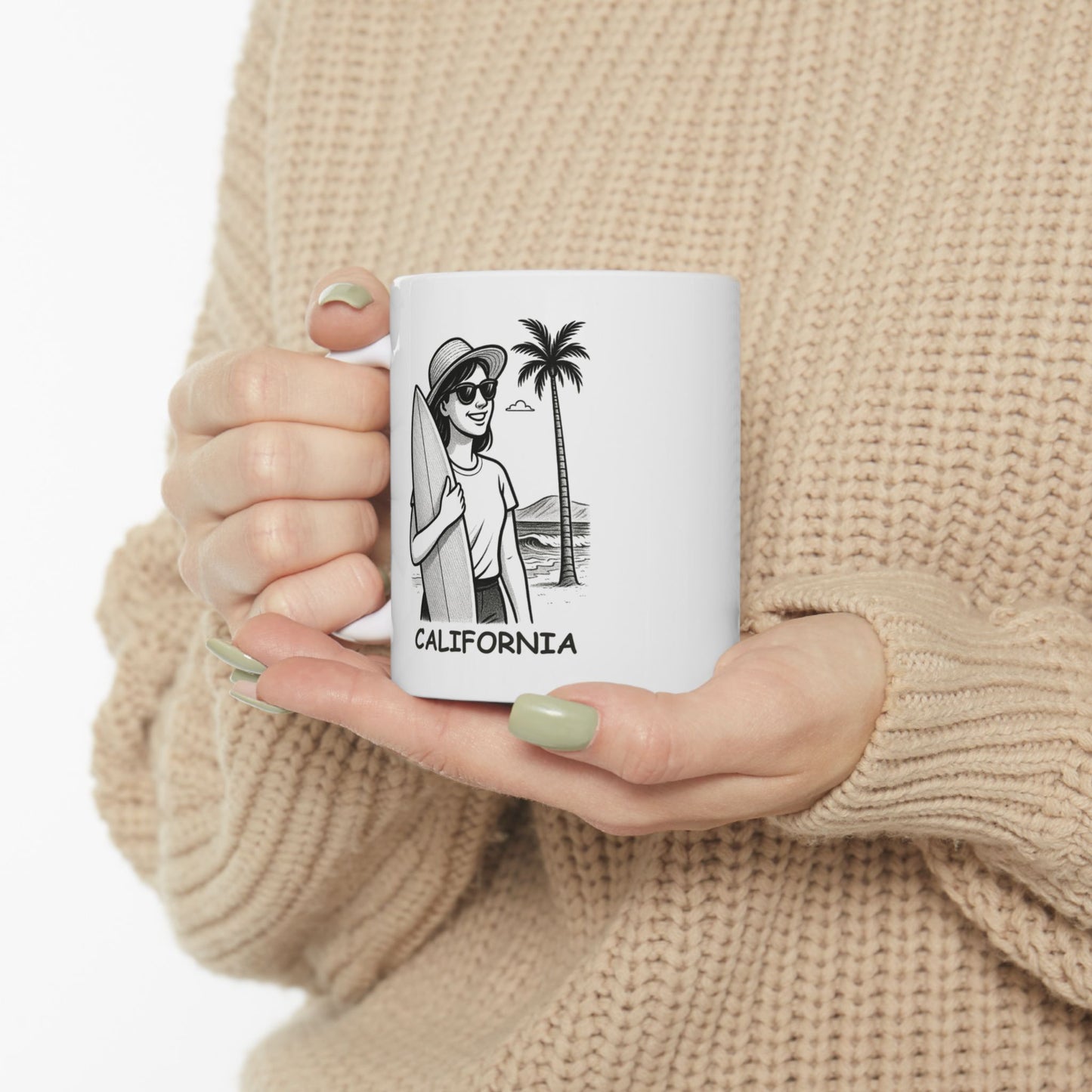 "My happy place? Anywhere with a surfboard and a beach." Ceramic Mug - (11oz, 15oz) - 12702