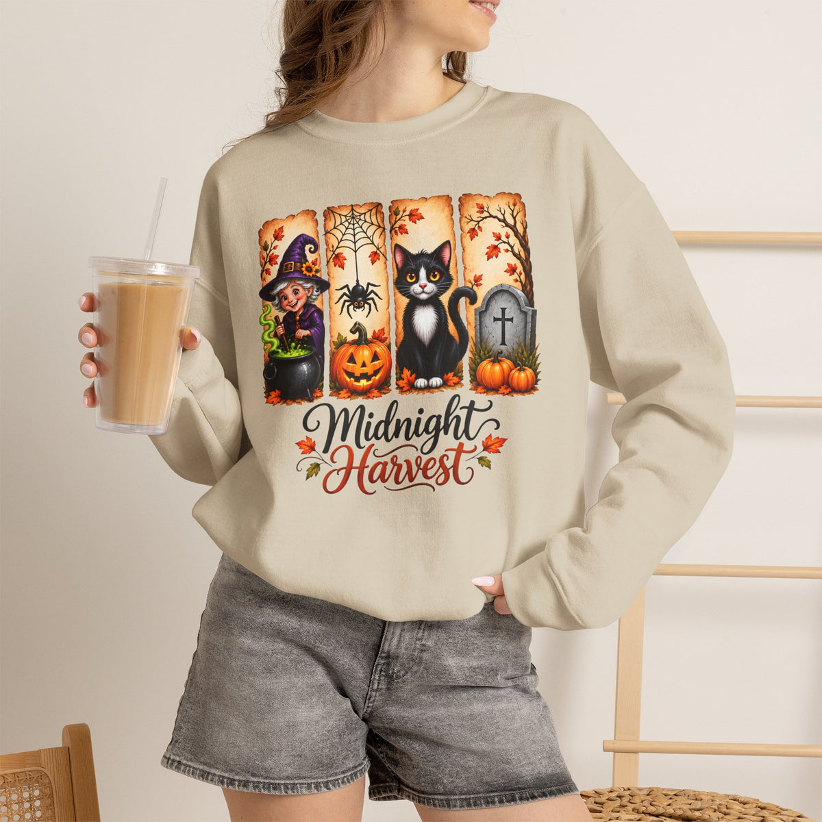 Midnight Harvest Halloween Sweatshirt, Witch, Black Cat, Pumpkins & Spooky Fall Crewneck - 14514