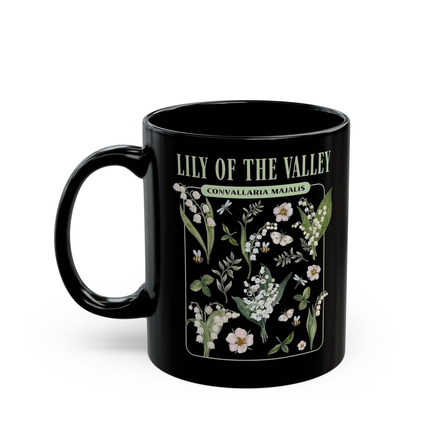 May Birth Flower Mug – Lily of the Valley Black Ceramic Coffee Cup (11oz, 15oz) - 11887
