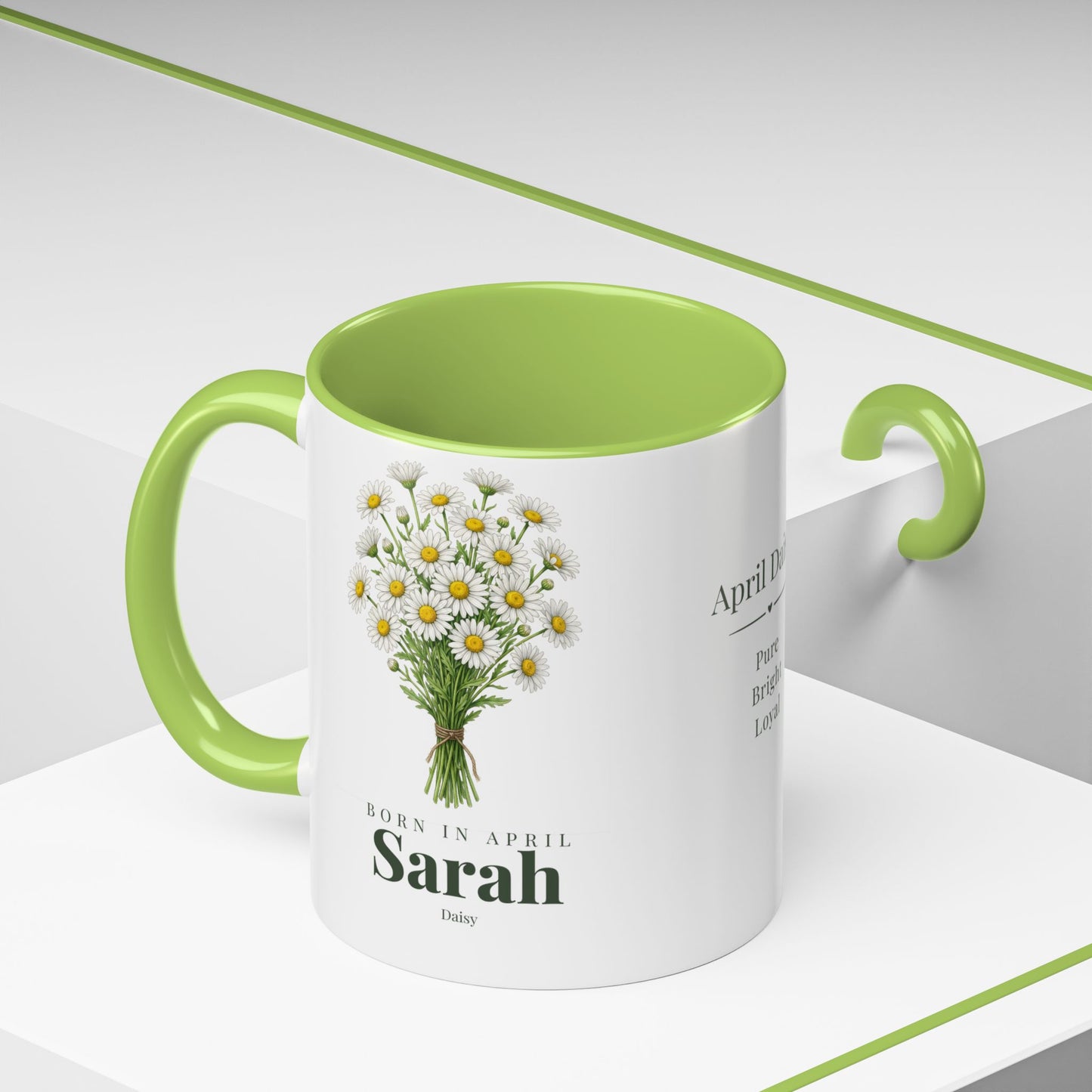 Personalized April Daisy Birth Flower Mug – Custom Name Floral Accent Coffee Cup, April Birthday Gift (11oz, 15oz) - 14833