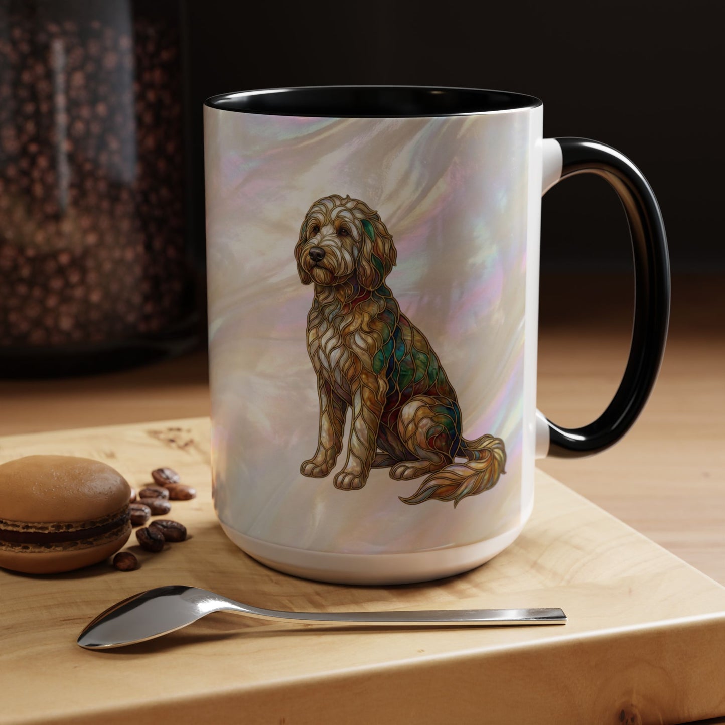 Personalized Dog (Goldendoodle) Coffee Mug - Accent Ceramic Mug with Name and Stained Glass Design - 14530
