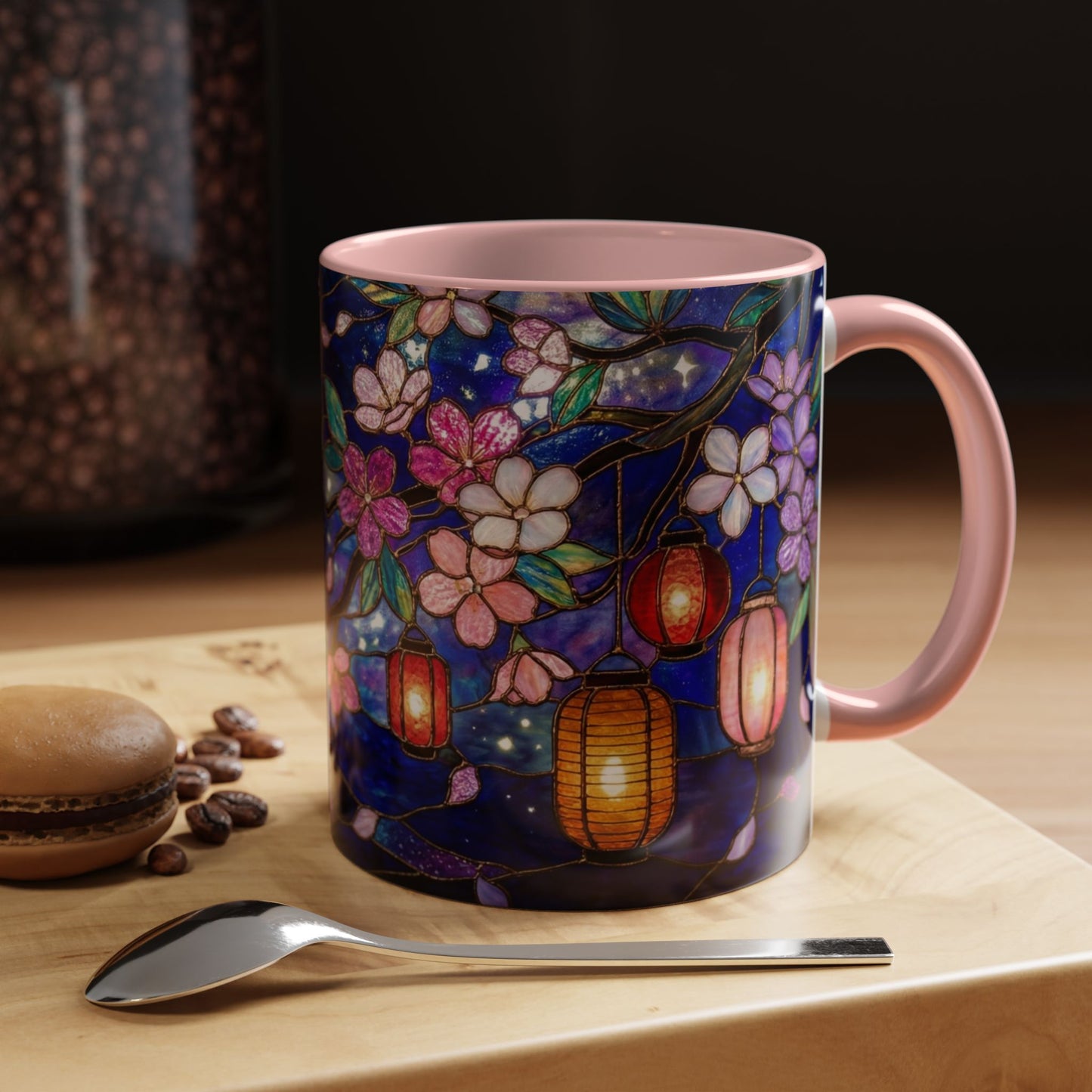Cherry Blossom Lantern Coffee Mug — Floral Night Sky, Stained Glass Design (11/15 oz) - 14533