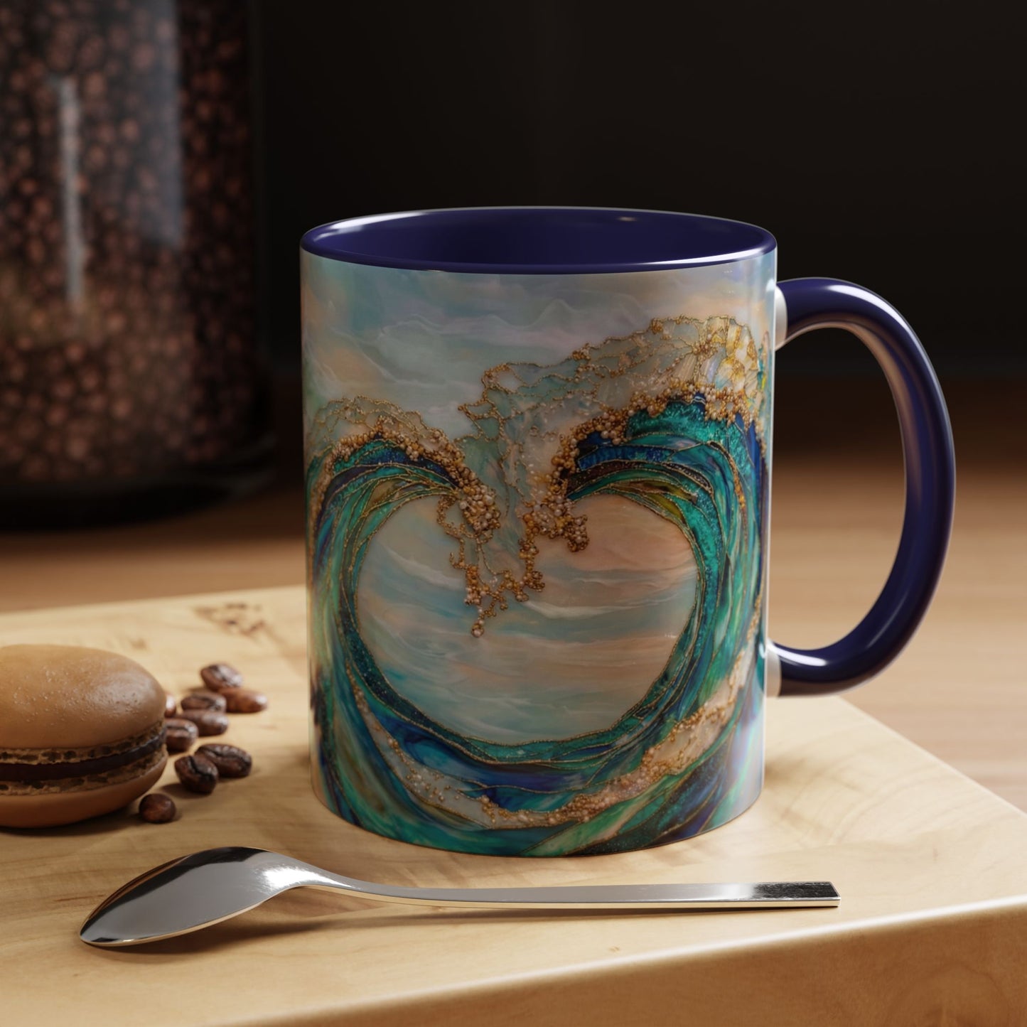 Ocean Heart Wave Coffee Mug — Teal Blue Accent Beachy Ceramic Mug (11/15oz) - 14521