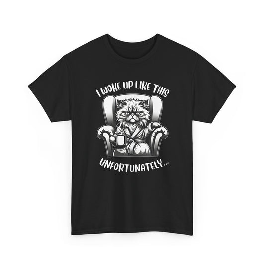 Funny Grumpy Cat T-Shirt – “I Woke Up Like This… Unfortunately” Graphic Tee- 14843