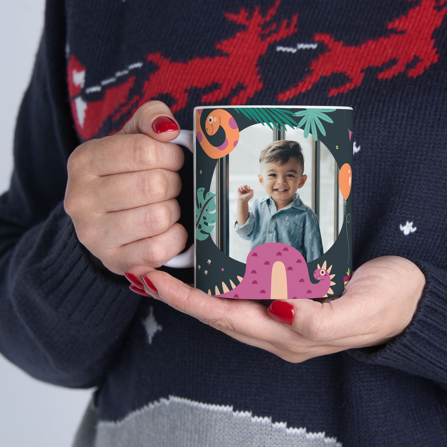 Happy Birthday, Dinosaur Lover, Photo & Name Customizable - Ceramic Mug, (11oz, 15oz) - 11238