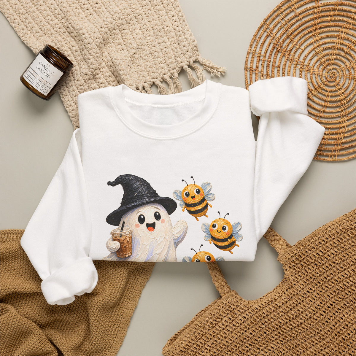 Cute Halloween Ghost & Bees Sweatshirt, Whimsical Witch Hat Crewneck - 14538