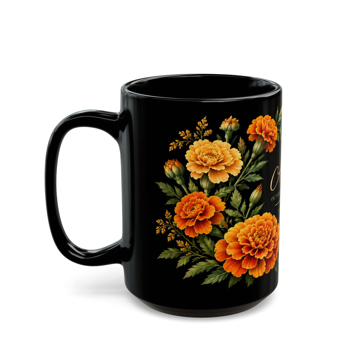 Personalized October Birth Flower Mug,  Marigold Black Coffee Cup, Custom Name 11oz/15oz - 14976