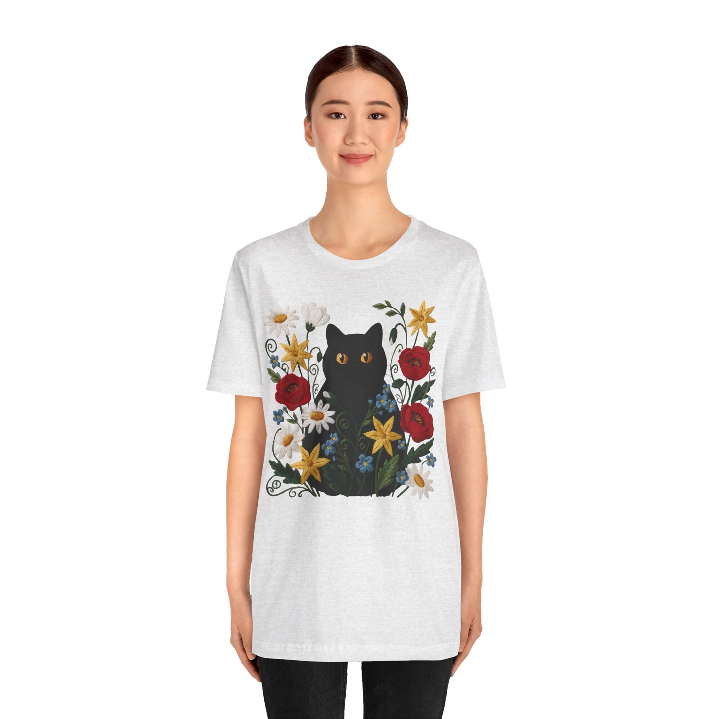 Black Cat in Wildflowers T-Shirt — Floral Cat Tee for Cat Lovers - 14921