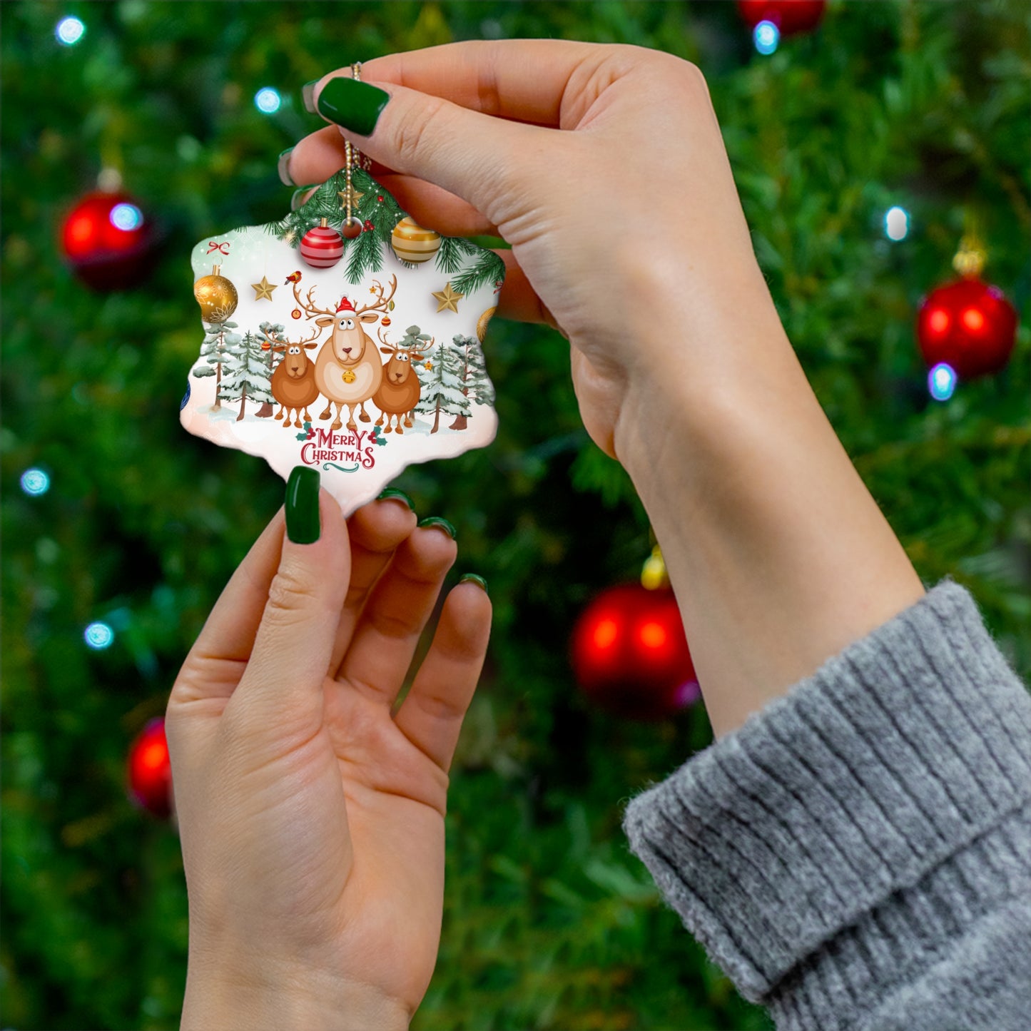 Christmas Deers - Ceramic Ornament, 4 Shapes