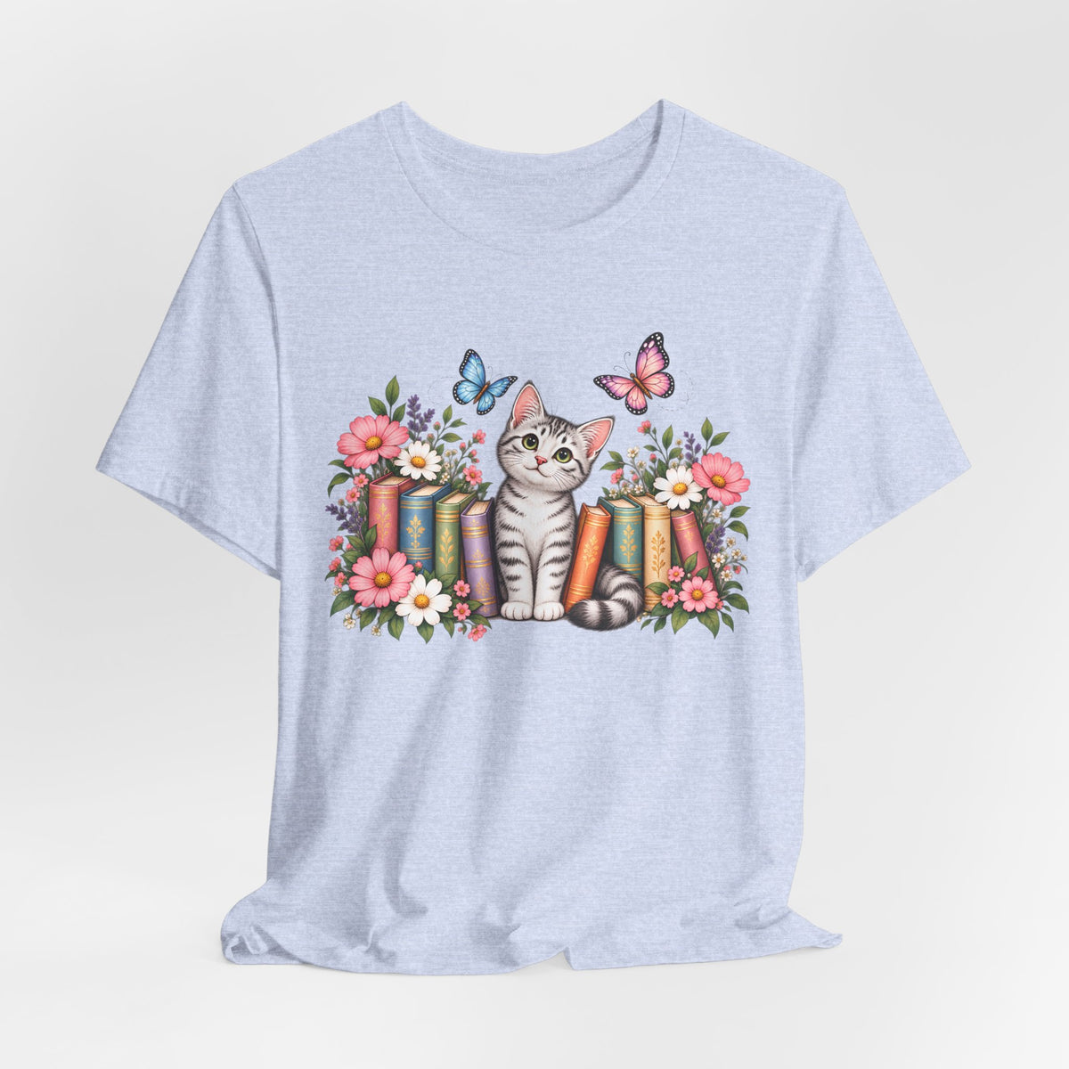Cat & Books T-Shirt, Cute Floral Kitten & Butterfly Tee - 14526
