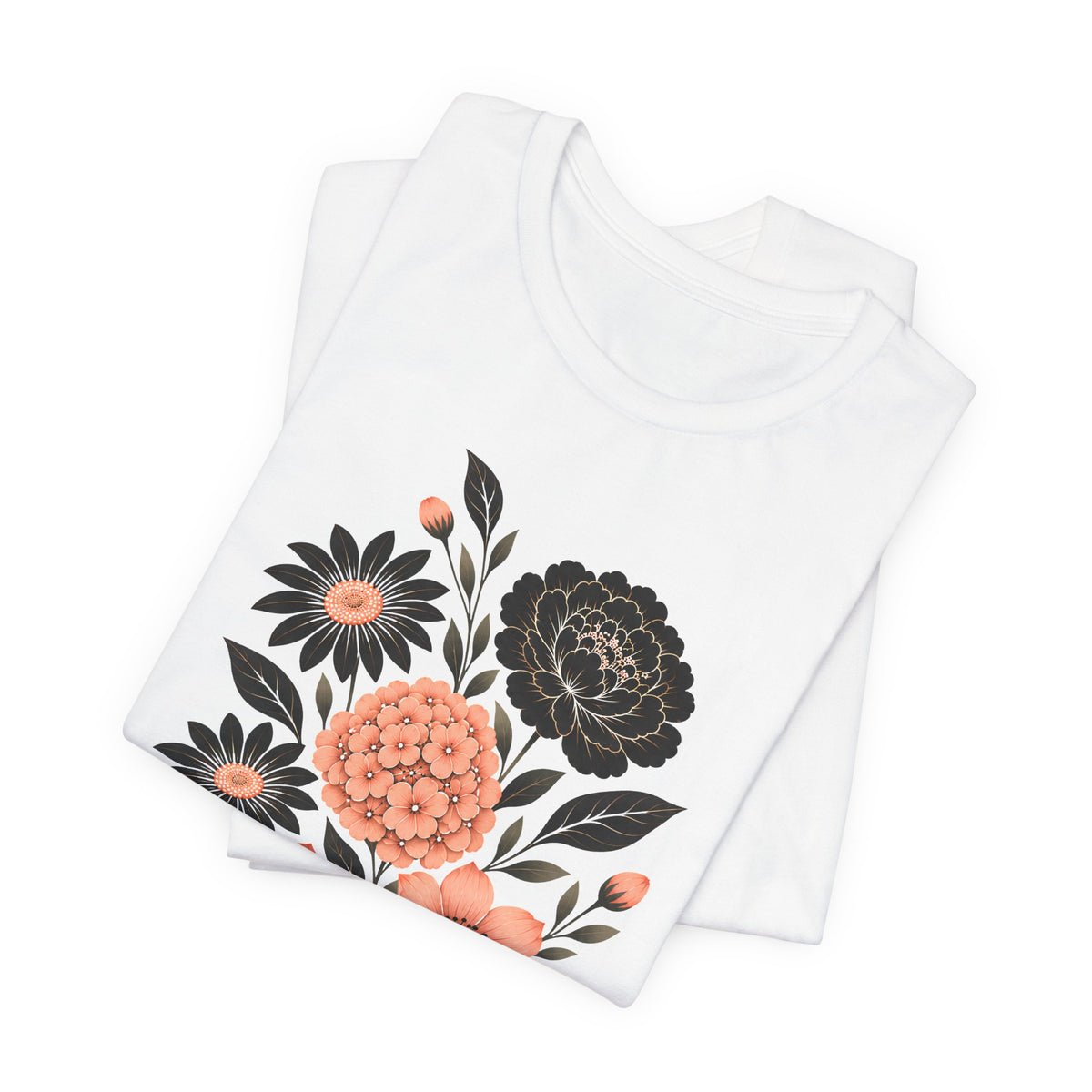 Floral Bouquet T-Shirt, Peach & Black Garden Flower Tee - 14502