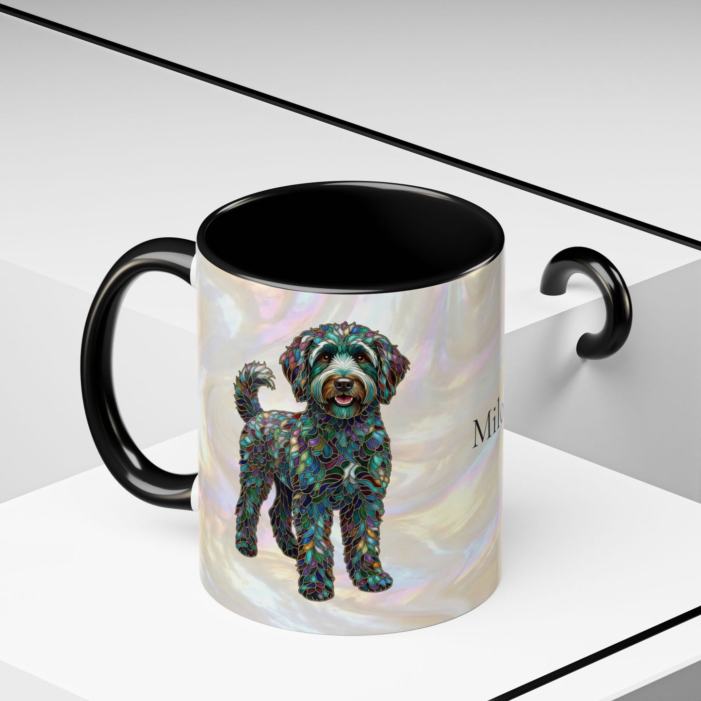 Personalized Labradoodle Dog Mug — Custom Name Accent Coffee Mug (11/15 oz) with Stained Glass Art - 14526