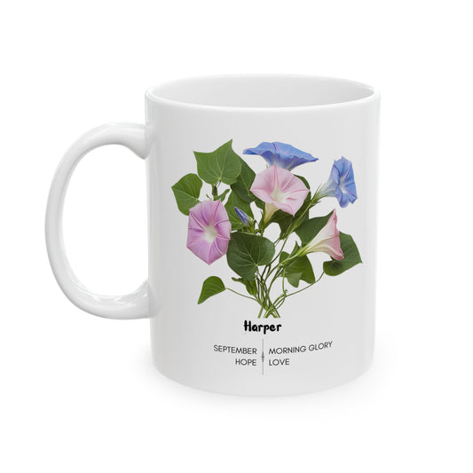 Happy Birthday: September Born, Morning Glory Flower, Customizable - Ceramic Mug, (11oz, 15oz)