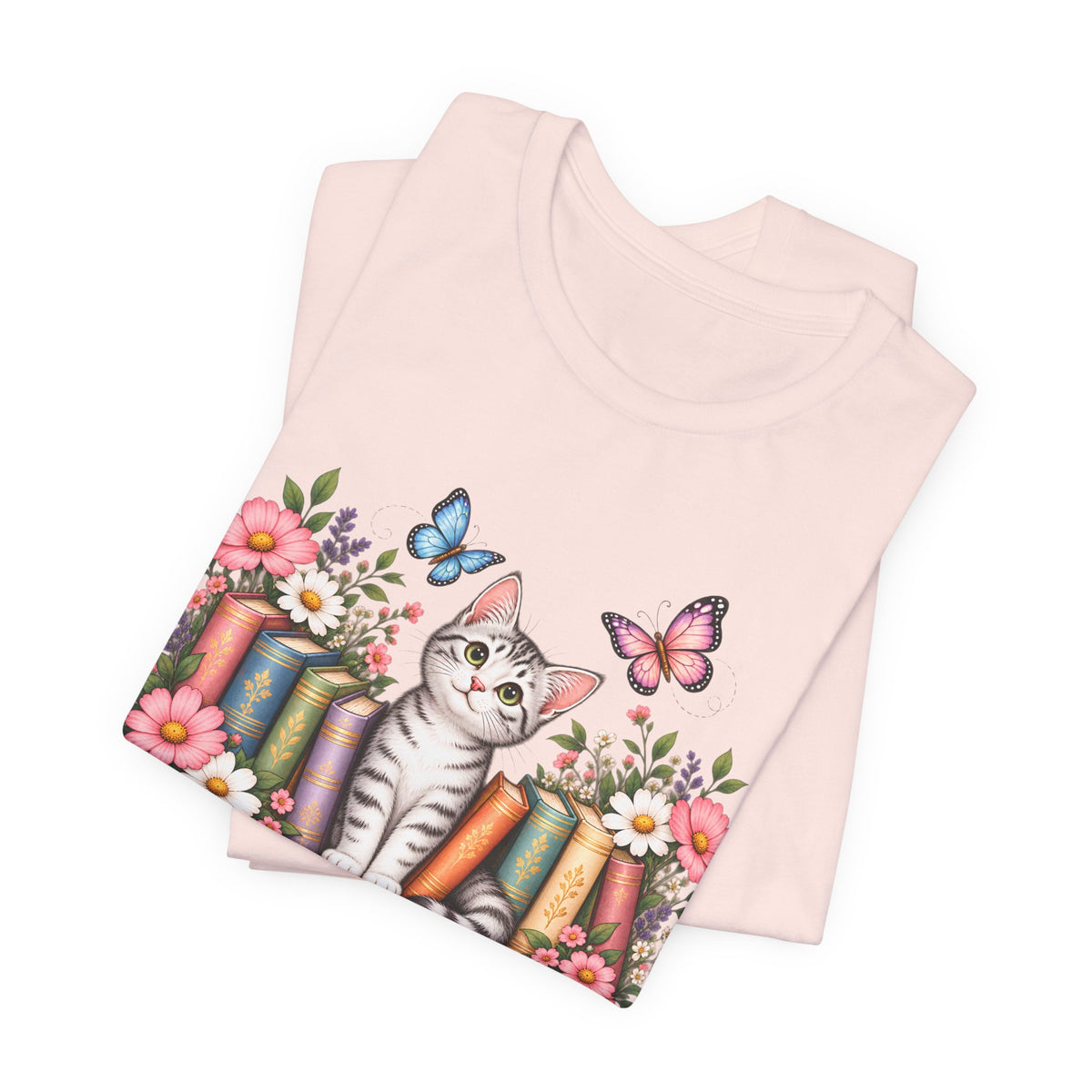 Cat & Books T-Shirt, Cute Floral Kitten & Butterfly Tee - 14526