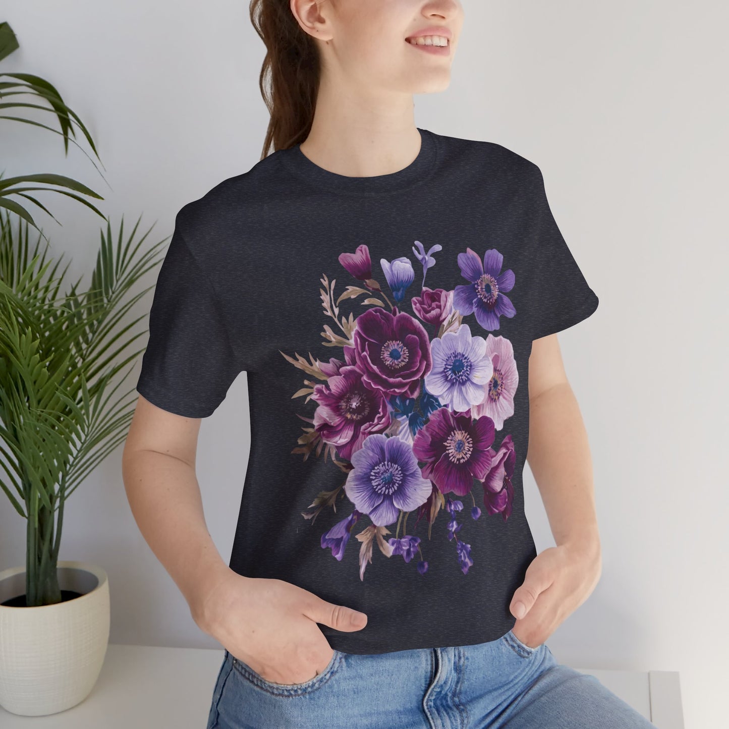 Purple Anemone Bouquet T-Shirt, Watercolor Floral Flower Tee - 14947