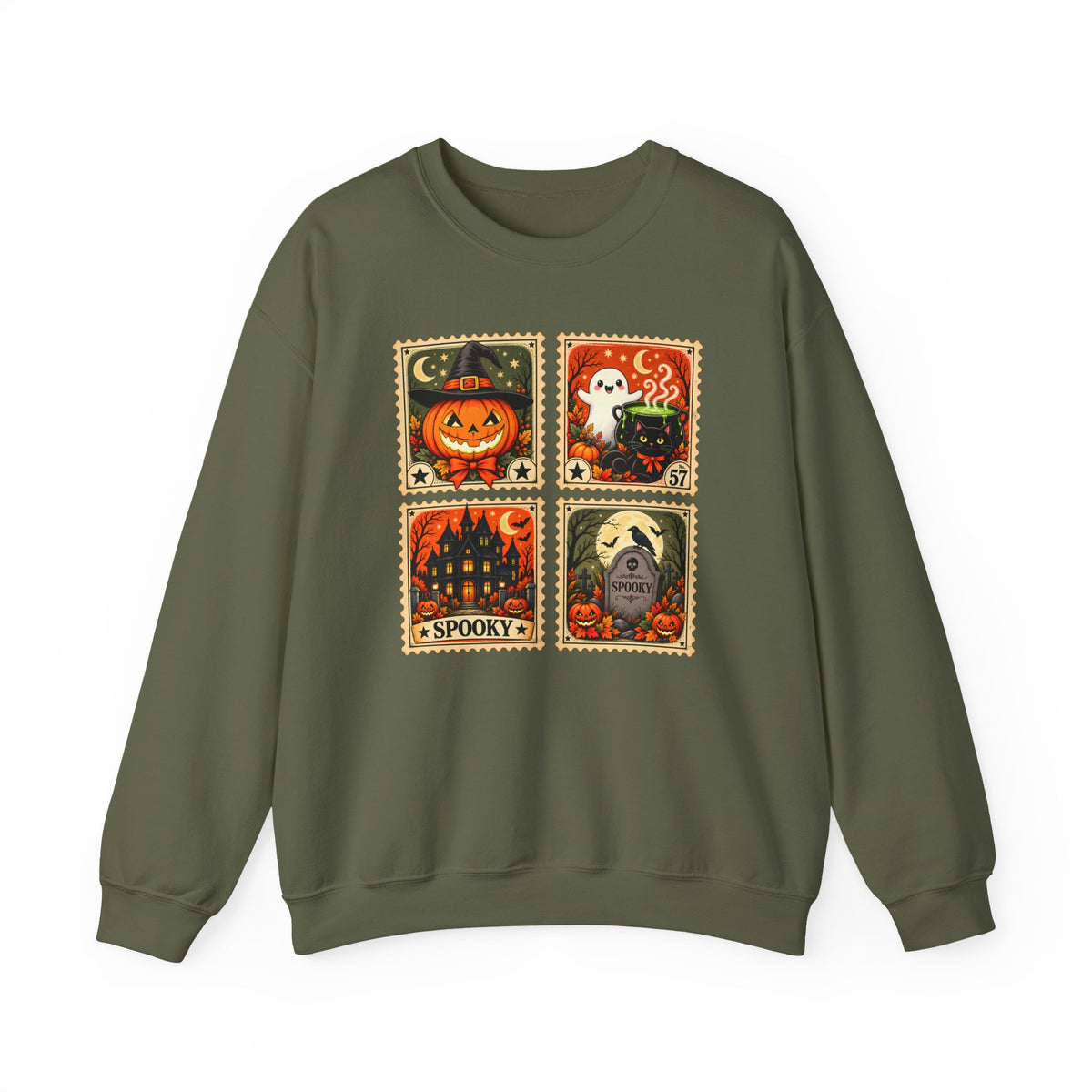Vintage Halloween Stamp Sweatshirt, Spooky Pumpkin & Ghost Crewneck - 14510