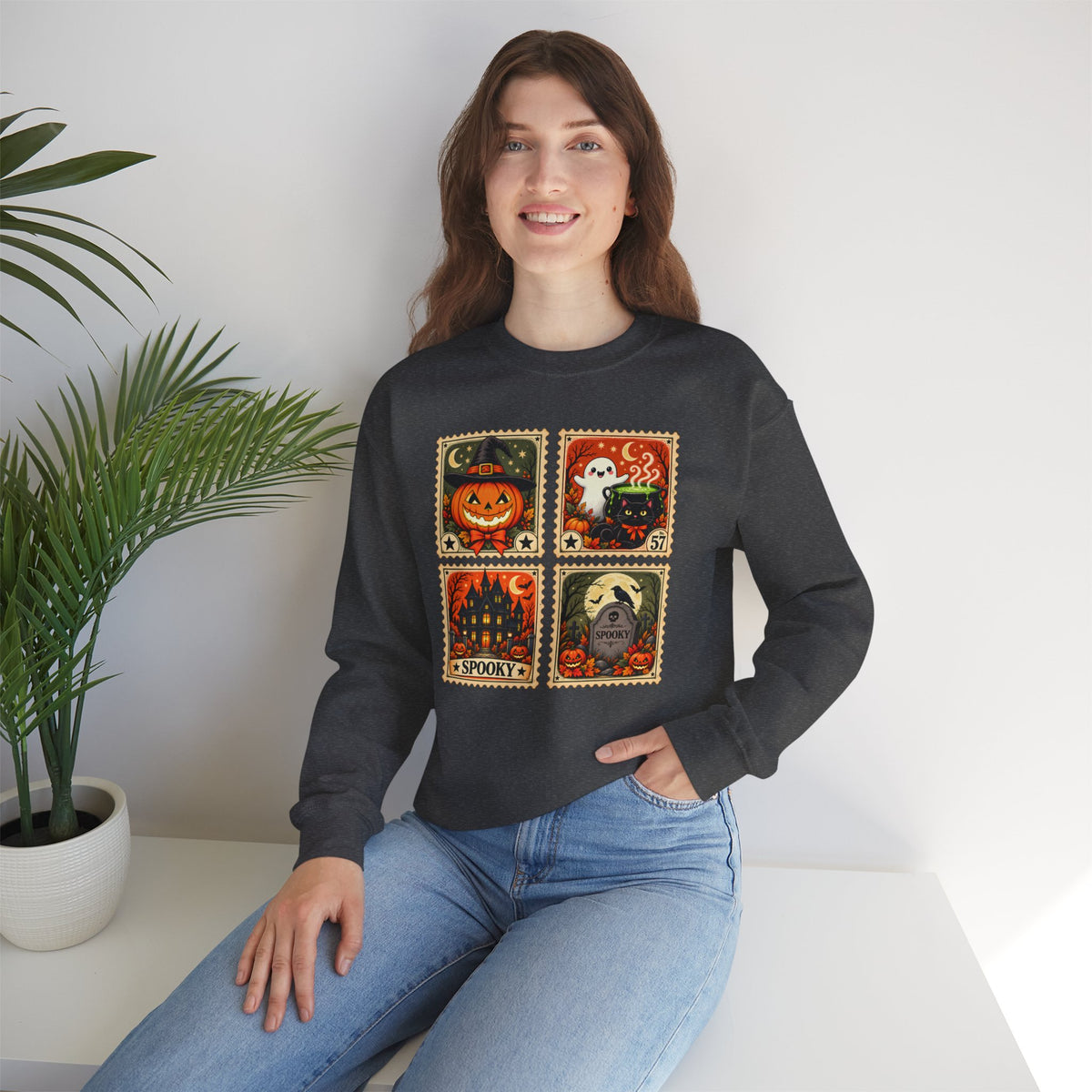 Vintage Halloween Stamp Sweatshirt, Spooky Pumpkin & Ghost Crewneck - 14510