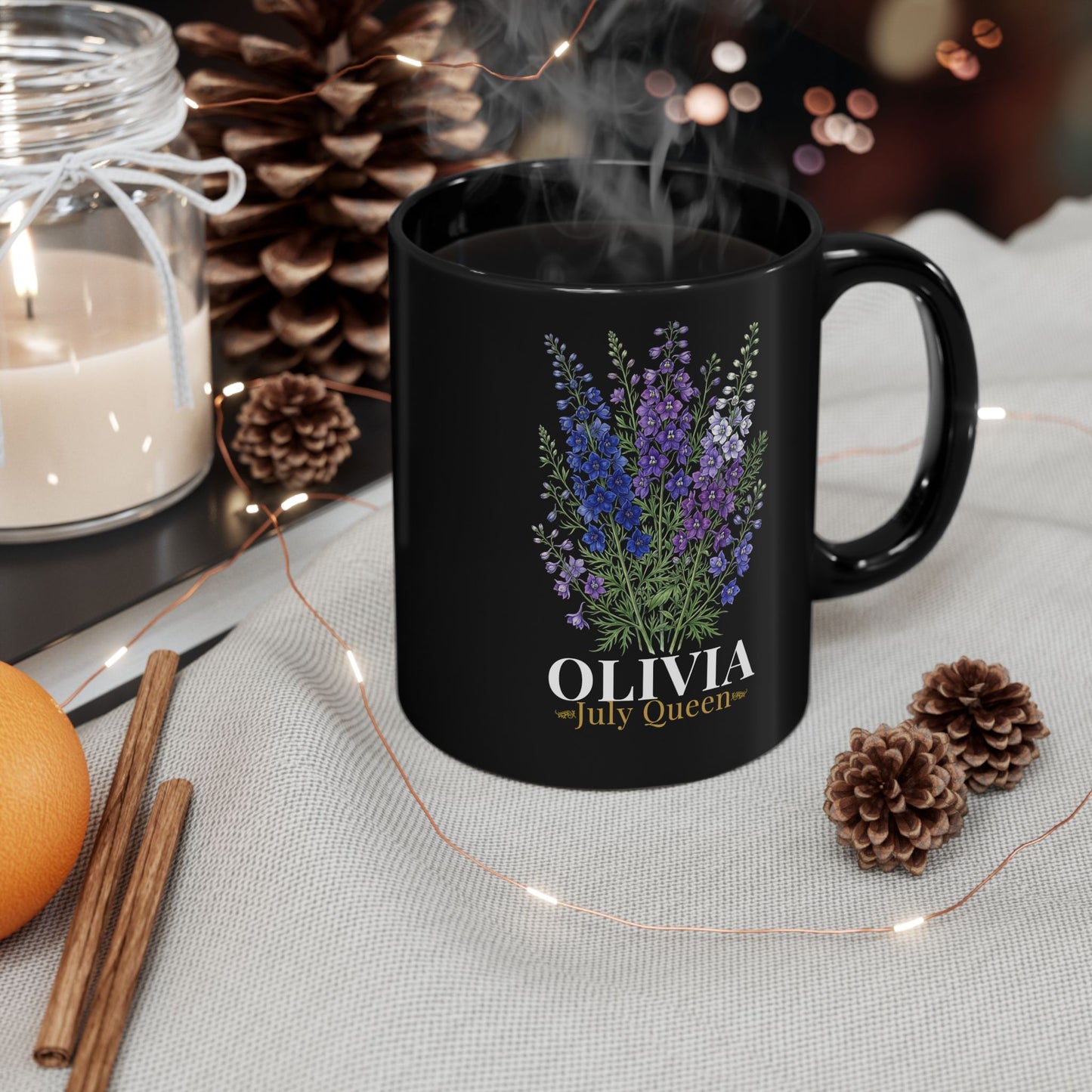 Personalized July Birth Flower Mug – Custom Name Larkspur Floral Coffee Cup, July Queen Gift for Her, Black Mug 11oz 15oz - 14905