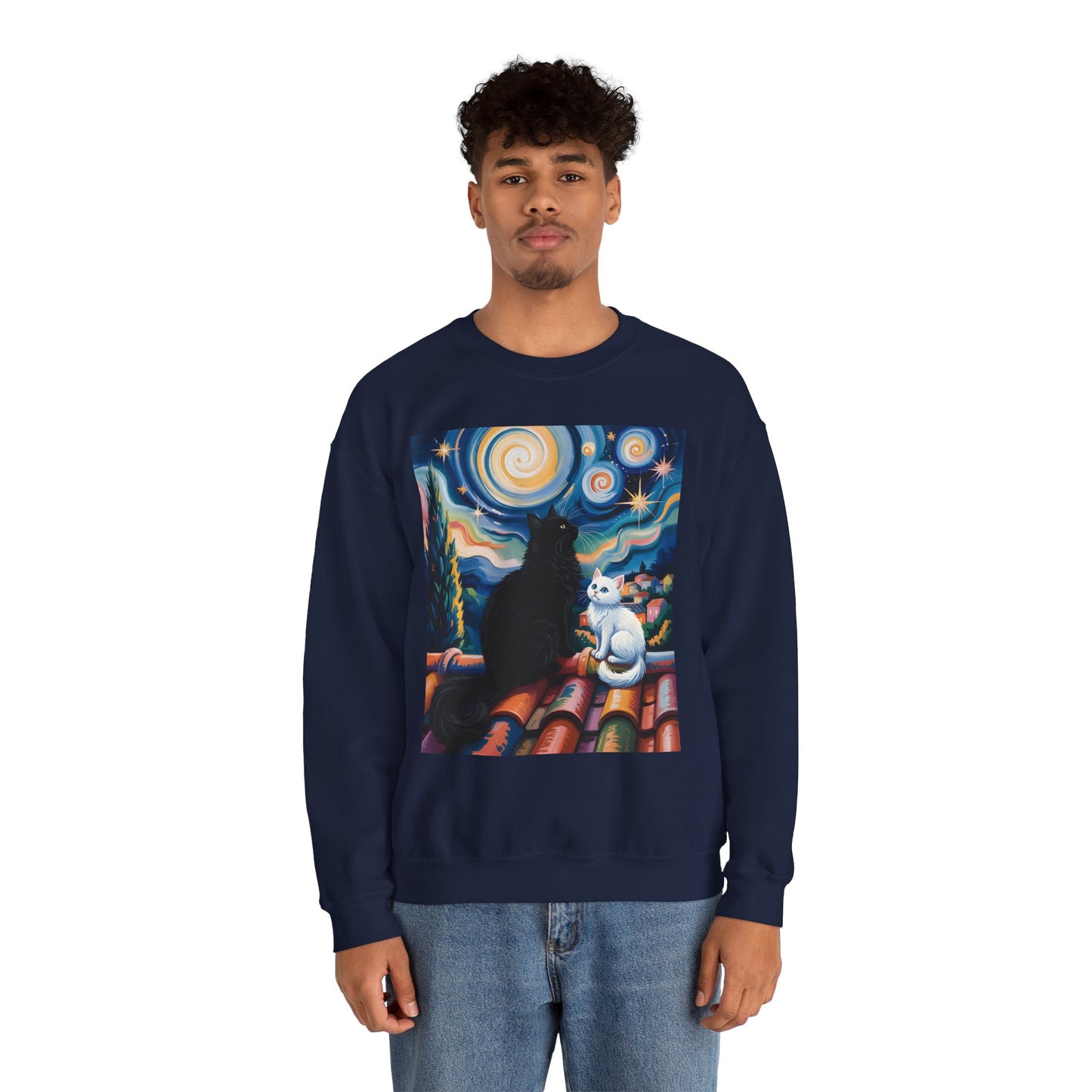 Crewneck Sweatshirt – Starry Night Cats Art, Van Gogh Inspired | Cat Lovers Gift - 14757