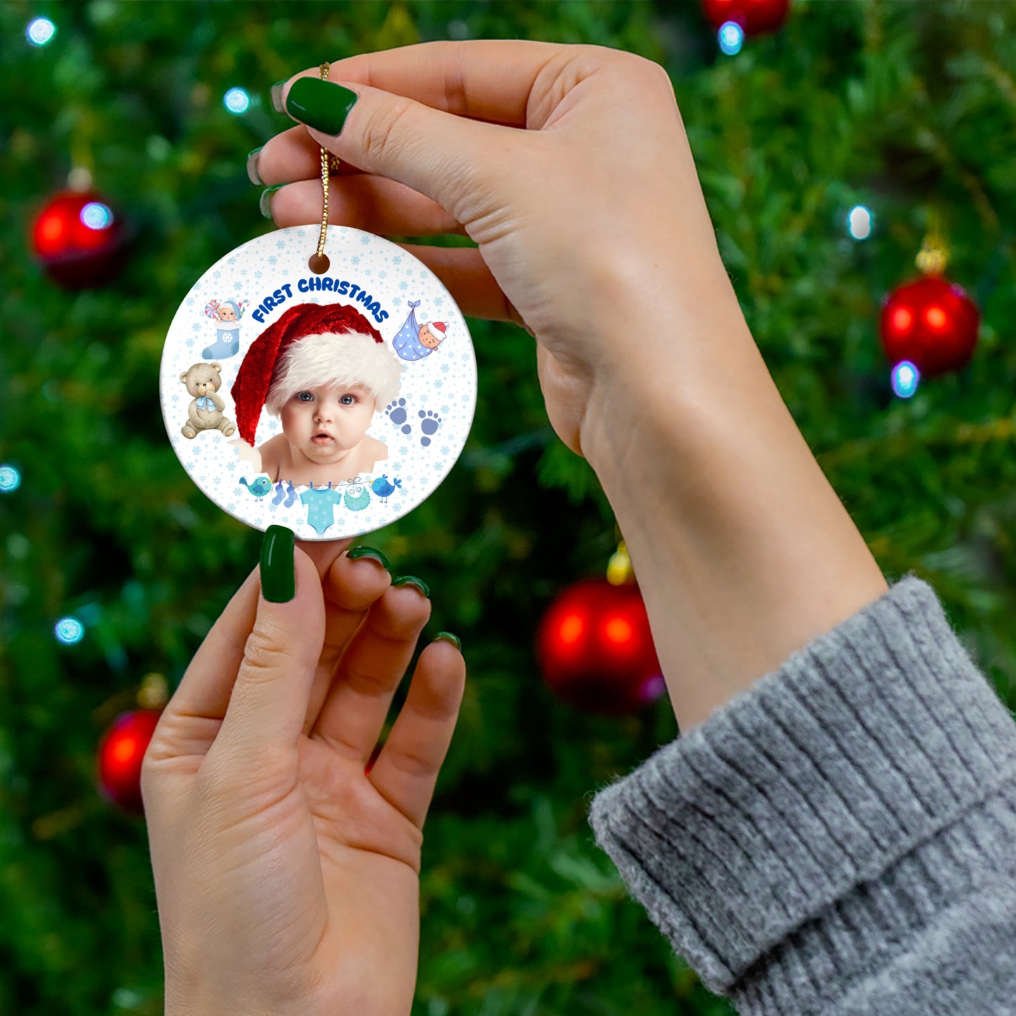 First Christmas, Baby Boy, Customizable - Ceramic Ornament, 4 Shapes - 10016