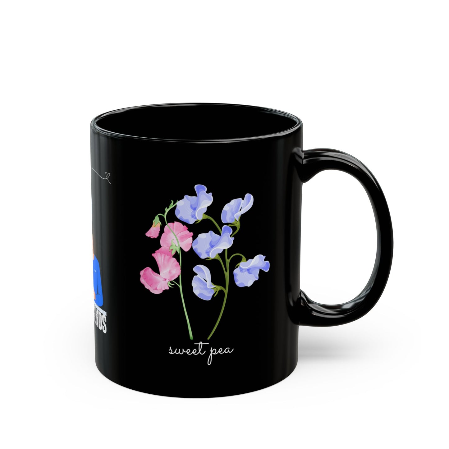 Happy Birthday, April, Featuring Daisy and Sweet Pea - Customizable - Ceramic Black Mug (11oz, 15oz) - 10480