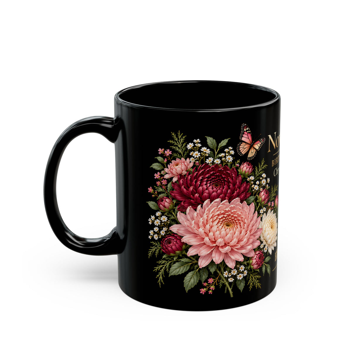 November Chrysanthemum Birth Flower Mug, Personalized Black Floral Mug - 14546