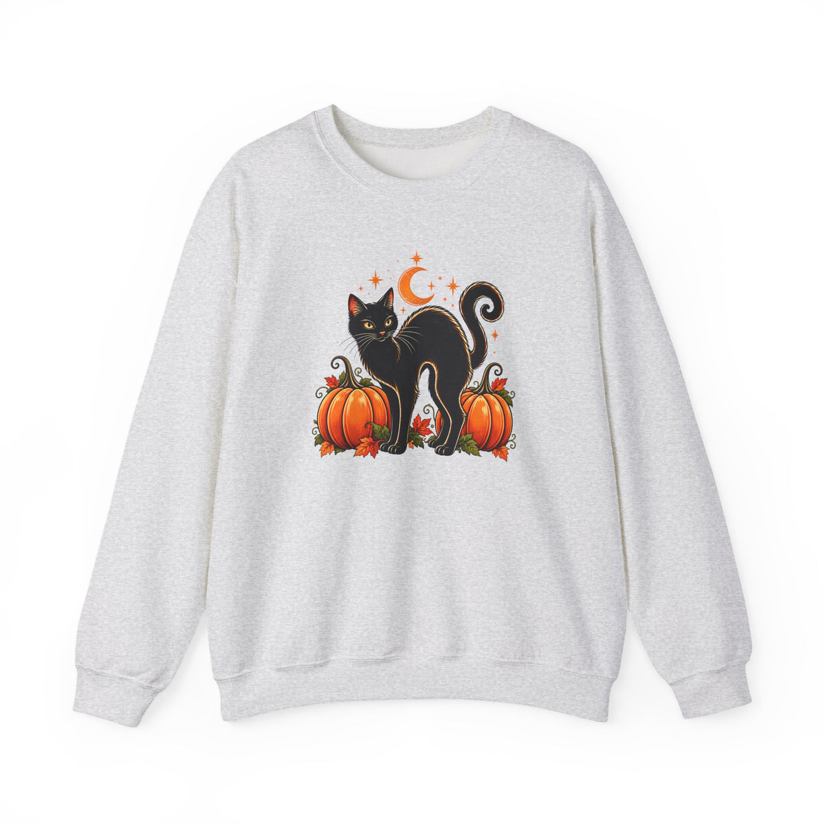 Halloween Black Cat & Pumpkins Sweatshirt, Vintage Autumn Crewneck - 14521