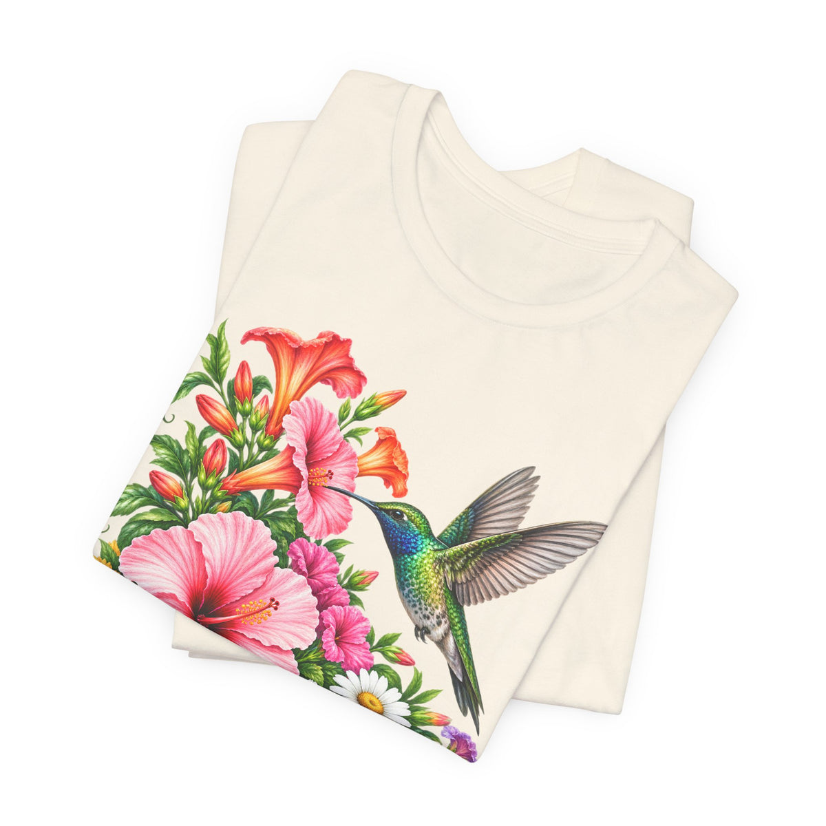 Hummingbird & Hibiscus T-Shirt, Colorful Tropical Floral Garden Tee - 14542