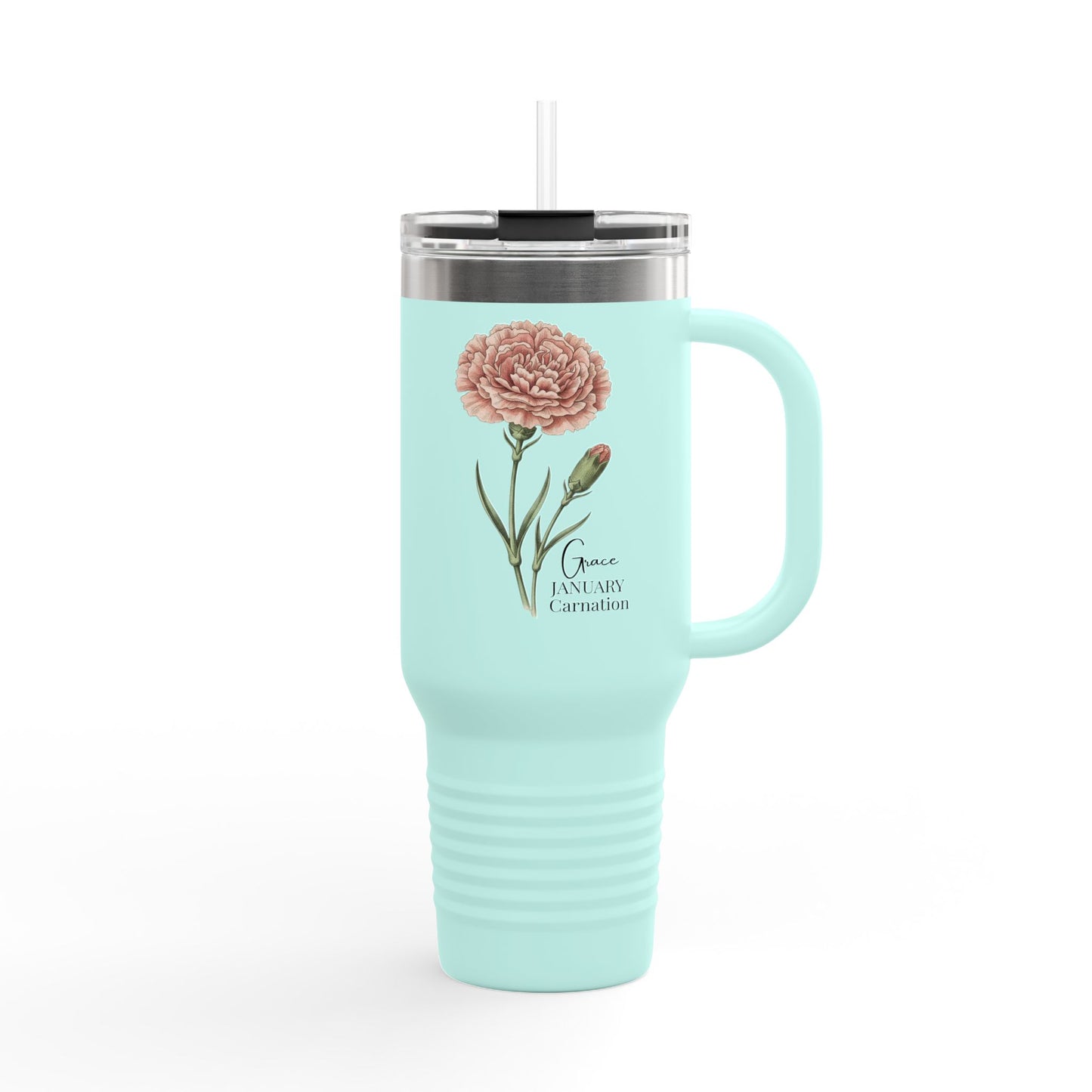 Carnation Floral Tumbler (Expressive) – January Birth Flower Gift | 40oz Insulated Travel Mug, Customizable — 14691