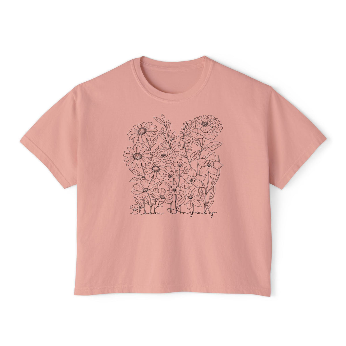 Floral Line Art Boxy T-Shirt, Women’s Botanical Sketch Tee - 14987
