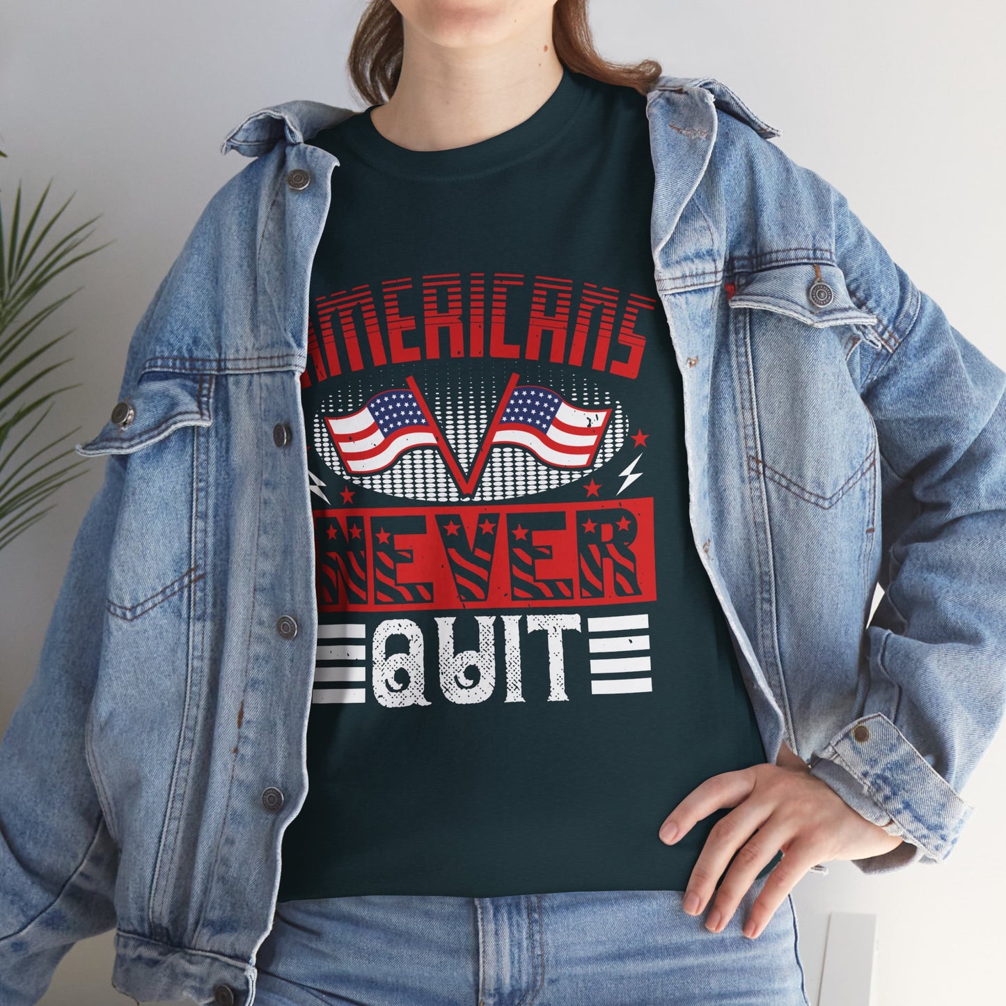 Bold American Pride Tee - 'Americans Never Quit' Graphic Shirt, Patriotic Apparel, Unisex Cotton Tee, Gift for Veterans, Independence - 13814