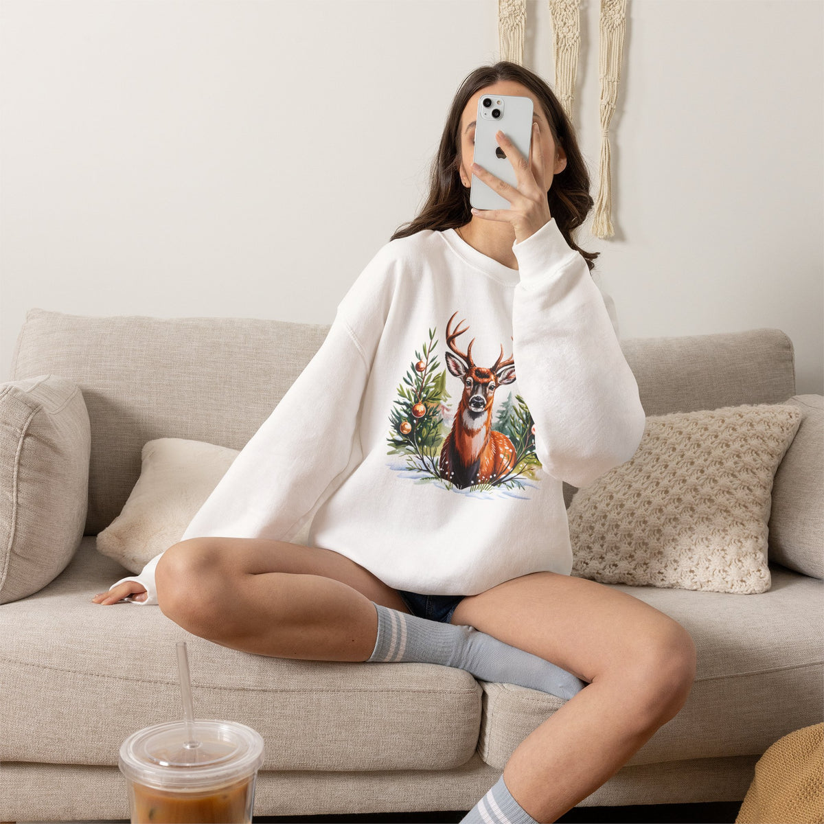 Christmas Deer Sweatshirt, Vintage Woodland Holiday Crewneck - 14562