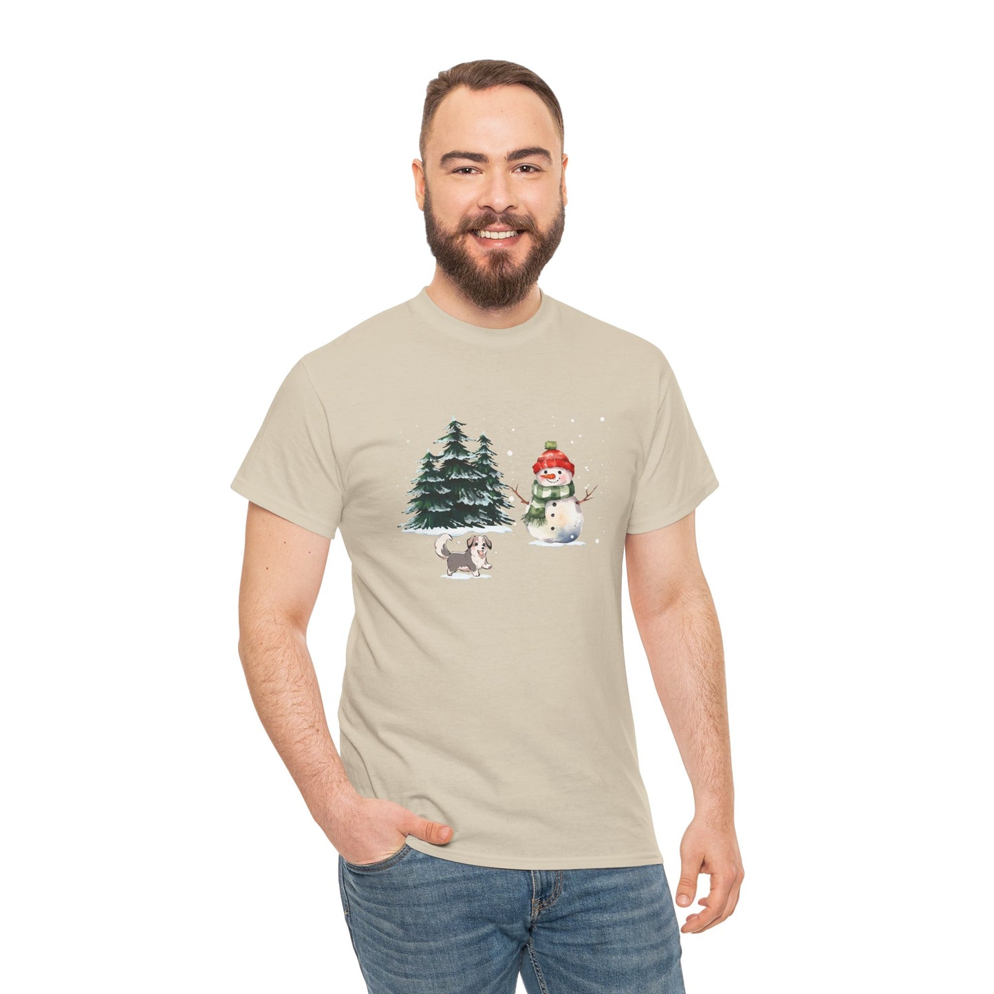 Winter Trees, Snowman & Puppy - Unisex Heavy Cotton Tee - 10278