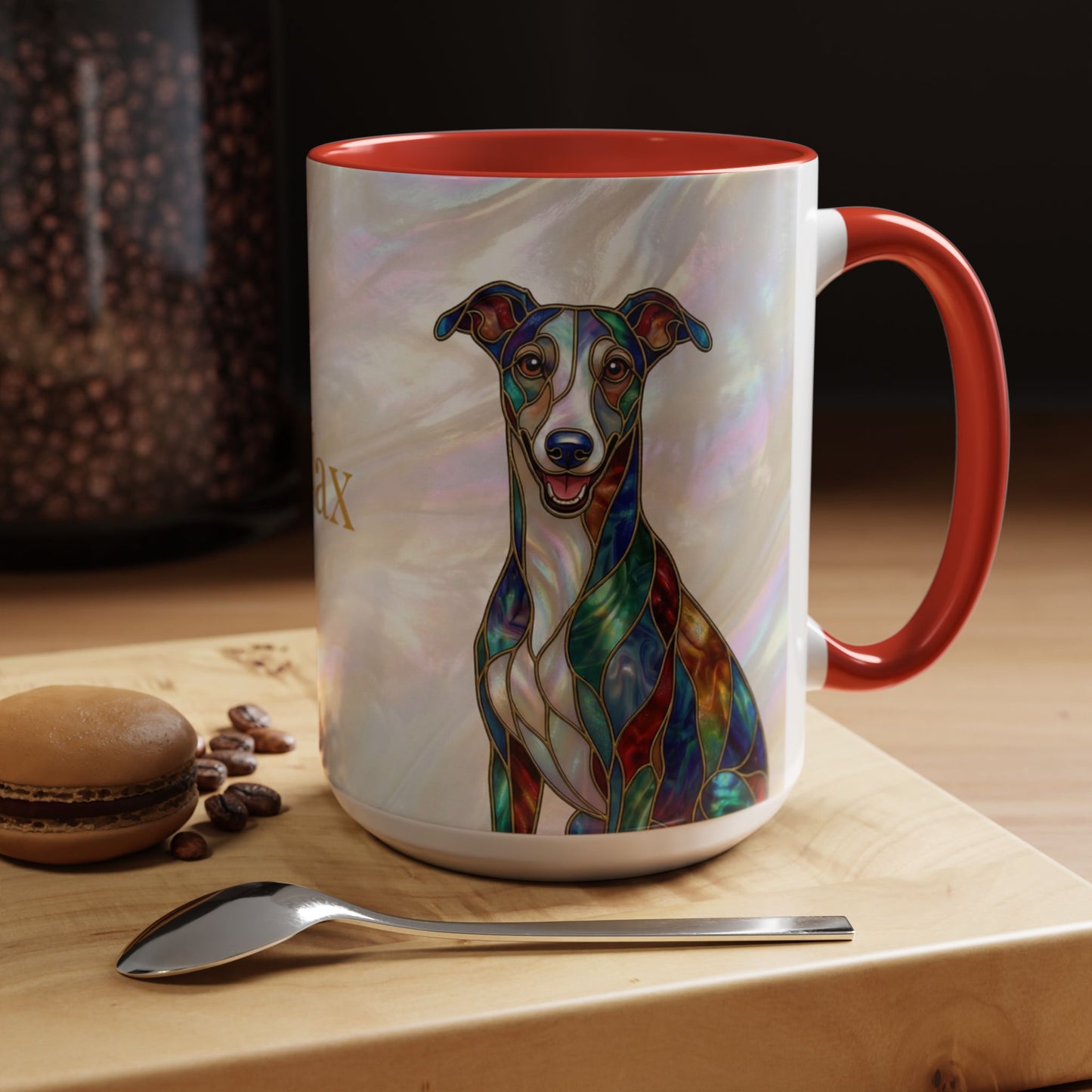 Personalized Greyhound Coffee Mug – Stained Glass Dog Accent Mug (Name Customizable)  - 14523
