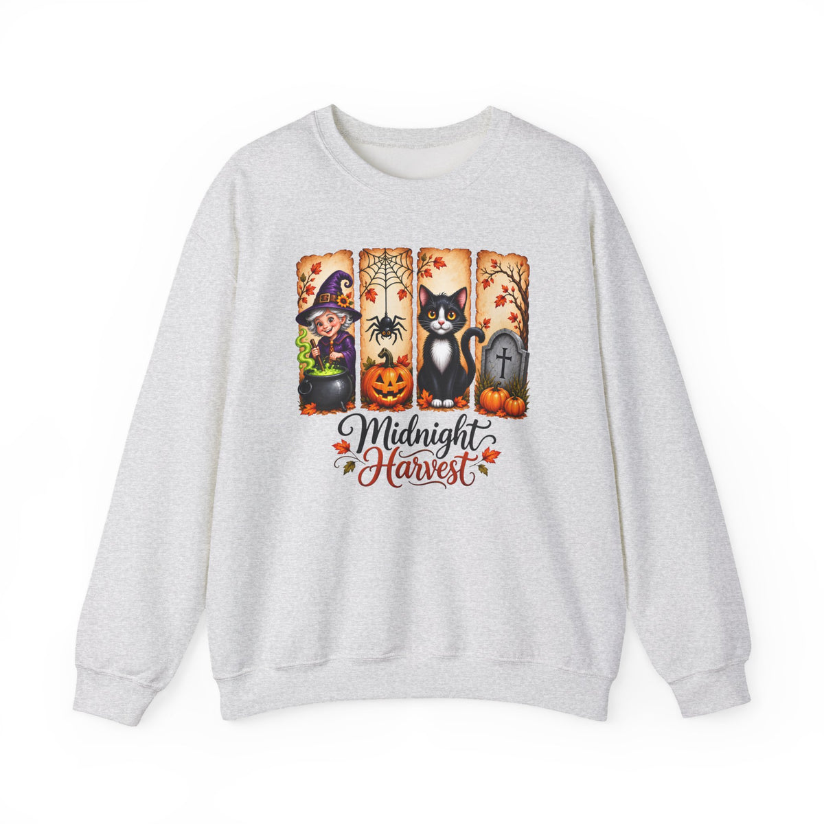 Midnight Harvest Halloween Sweatshirt, Witch, Black Cat, Pumpkins & Spooky Fall Crewneck - 14514