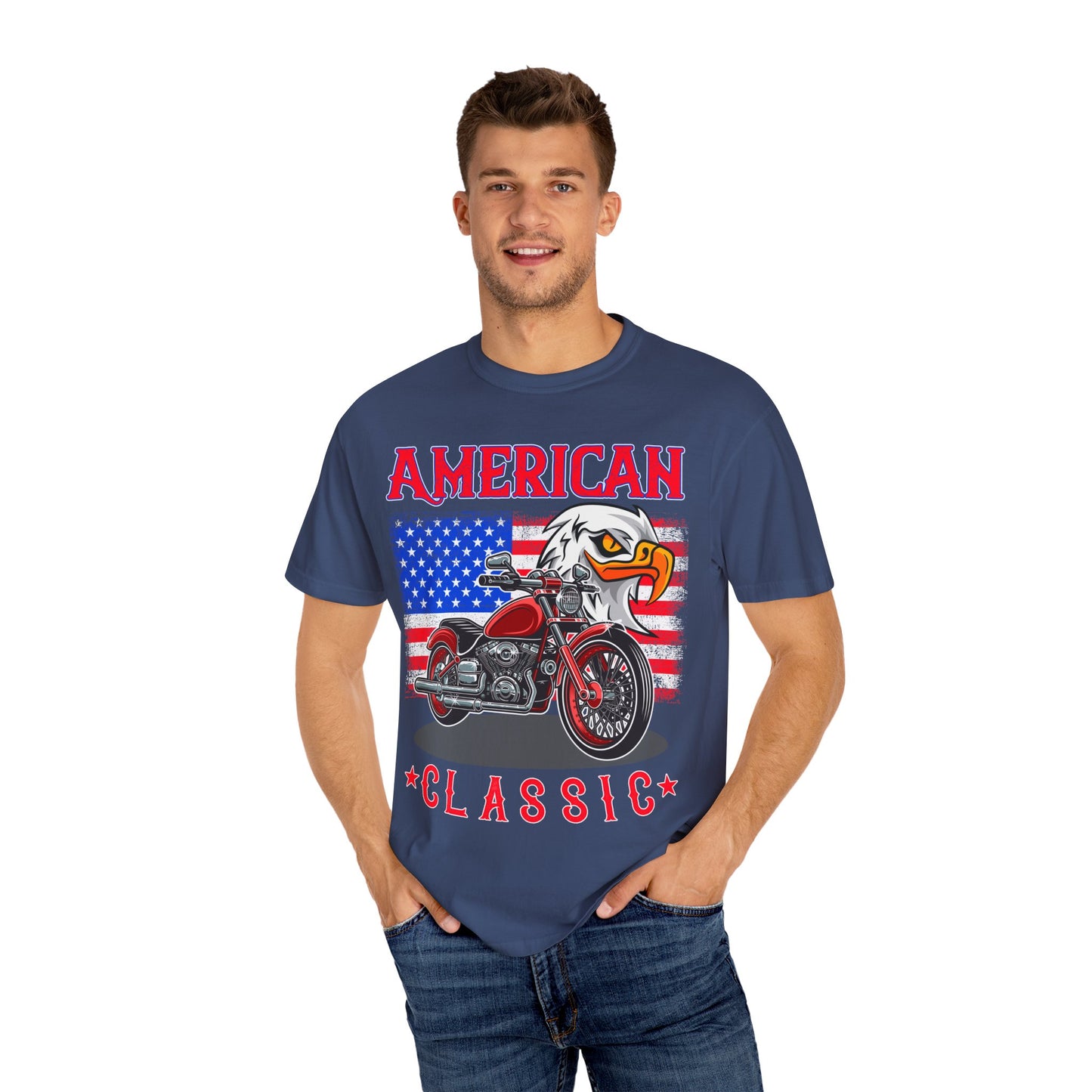 American Classic Tee, Unisex Garment-Dyed T-shirt, Biker Gift, Patriotic Apparel, Rider and Eagle Fashion, Vintage Style - 13658