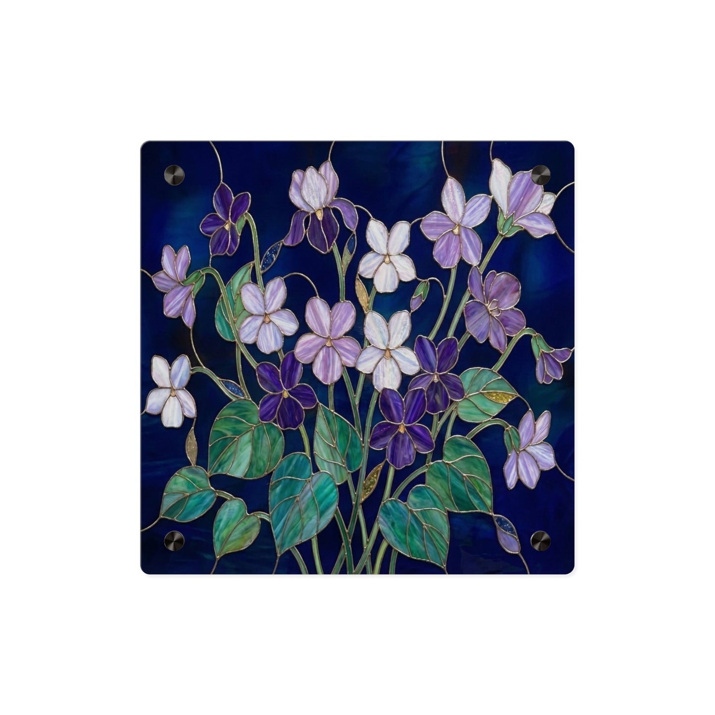 Violet Floral Acrylic Wall Art Panel — Purple Violets on Deep Blue - 14600