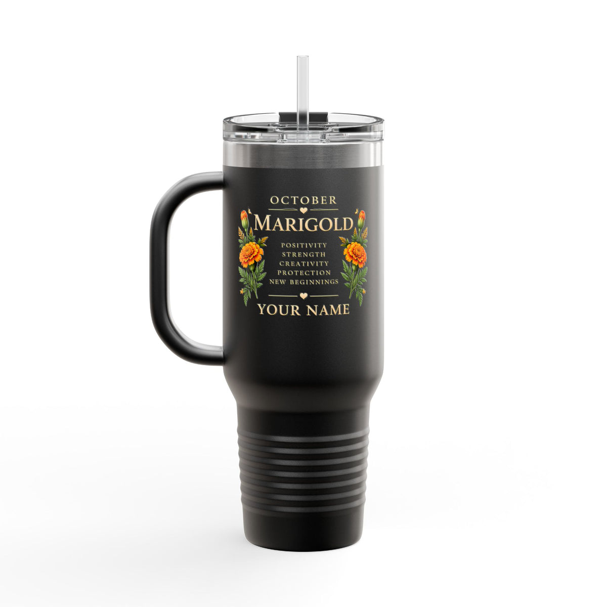 Personalized 40oz Marigold Travel Mug, October Birth Flower Tumbler - 14986