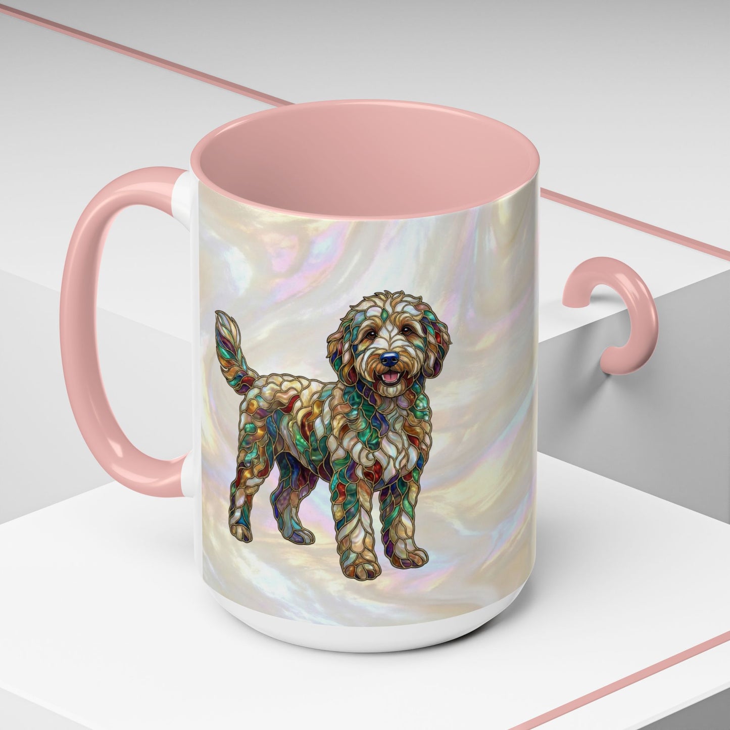 Personalized Dog (Goldendoodle) Coffee Mug - Accent Ceramic Mug with Name and Stained Glass Design - 14530