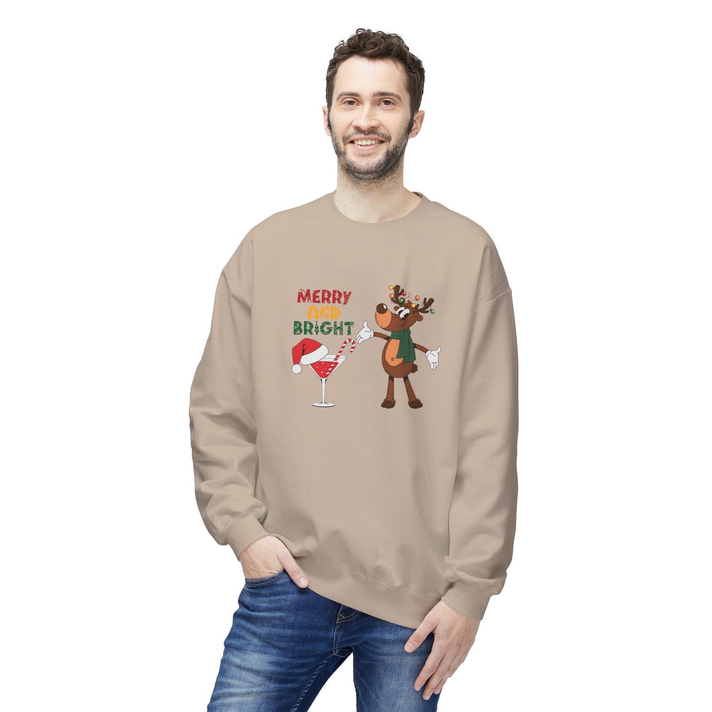 Reindeer, Merry & Bright - Unisex Midweight Softstyle Fleece Crewneck Sweatshirt - 10337