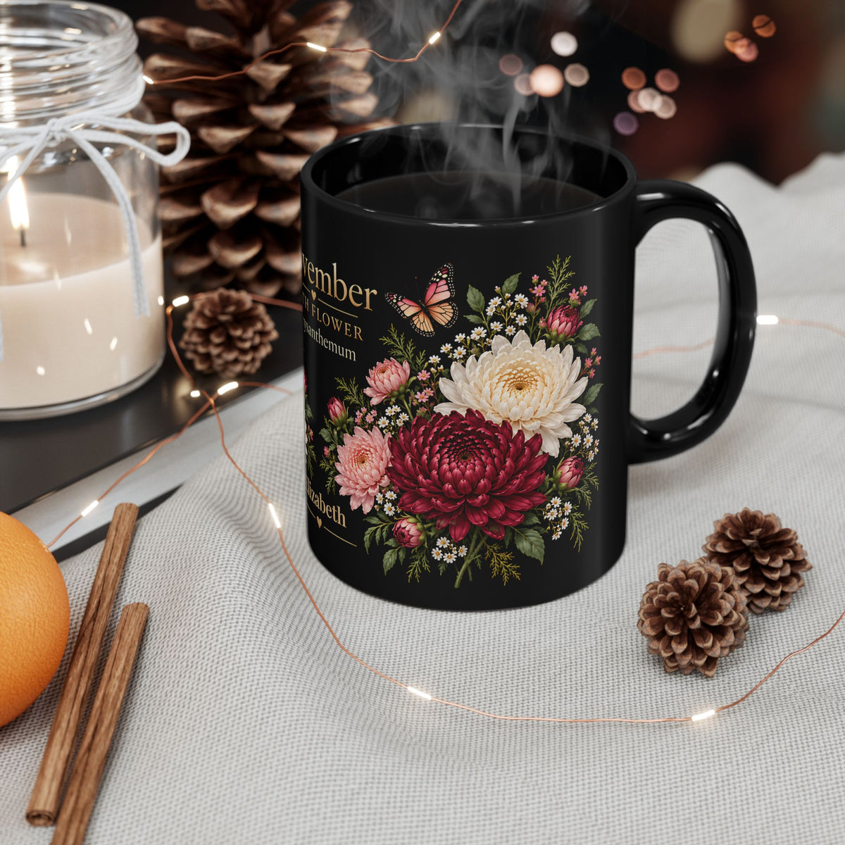 November Chrysanthemum Birth Flower Mug, Personalized Black Floral Mug - 14546
