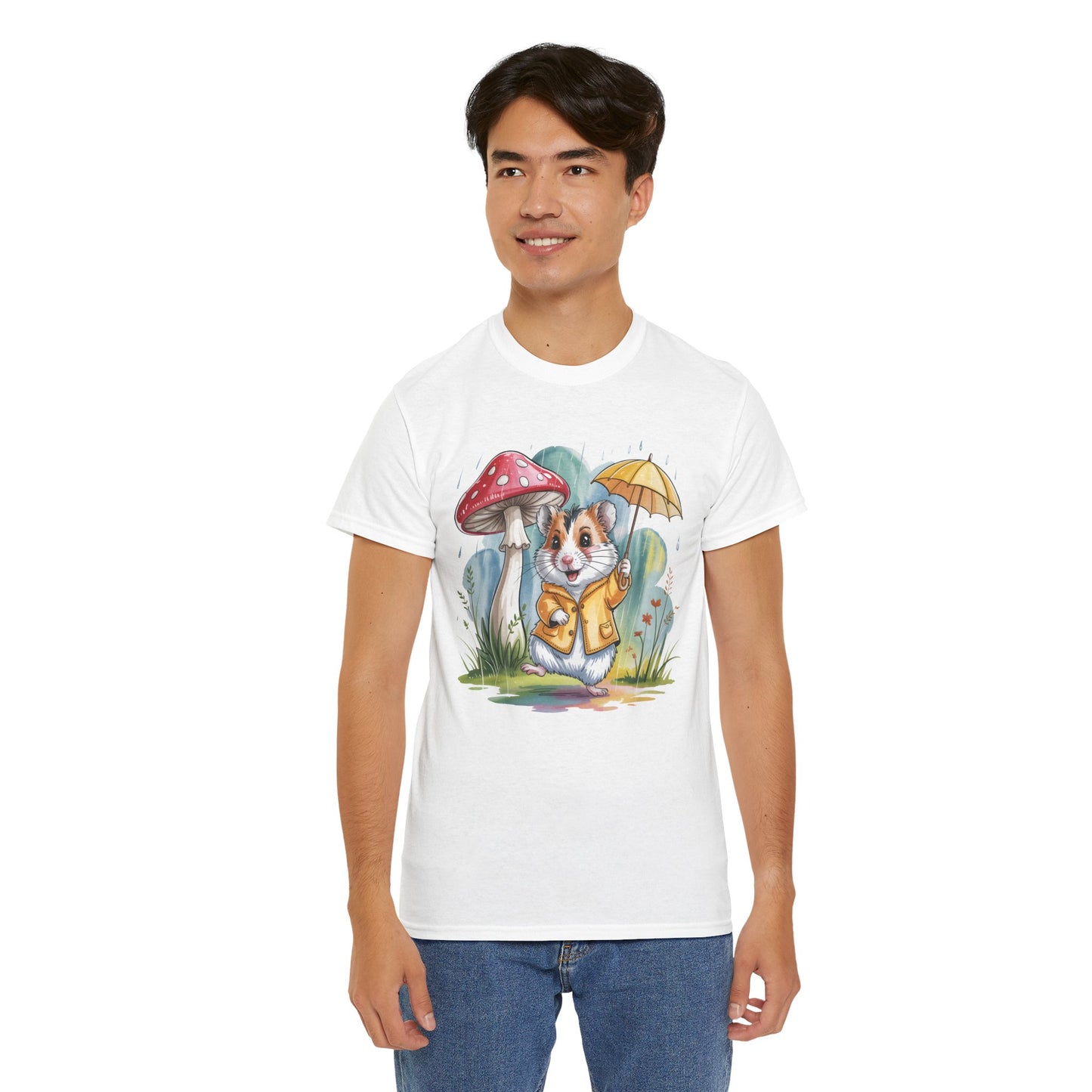 Cute Hamster T-Shirt – Raincoat Umbrella Animal Tee Watercolor Mushroom Gift - 14853