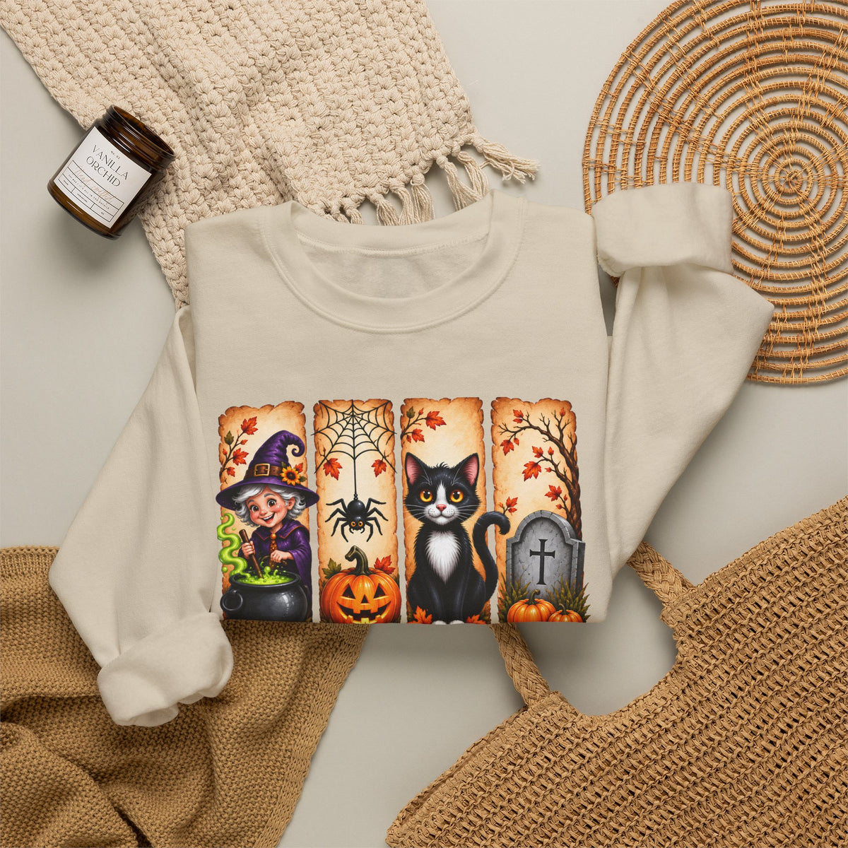 Midnight Harvest Halloween Sweatshirt, Witch, Black Cat, Pumpkins & Spooky Fall Crewneck - 14514