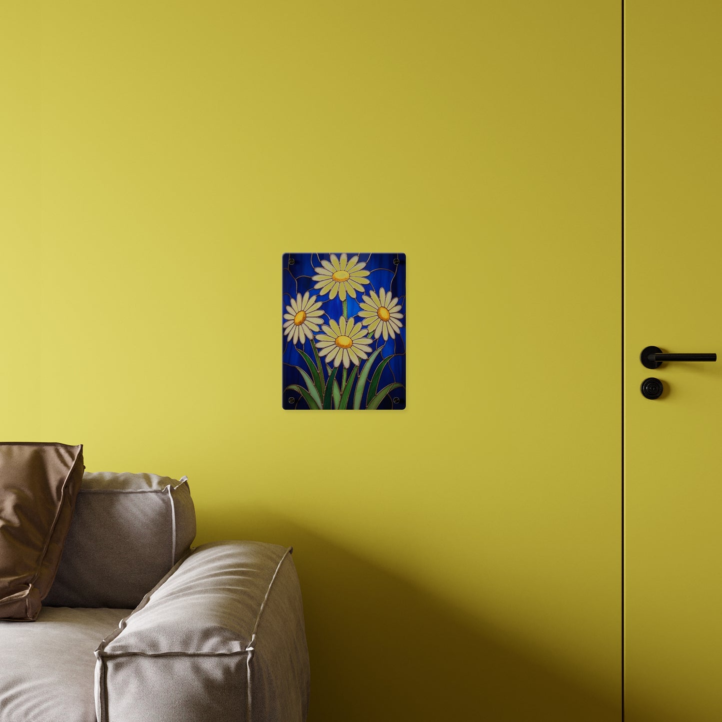 Daisy Stained-Glass Acrylic Wall Art Panel — White Daisies on Deep Blue Background - 14602