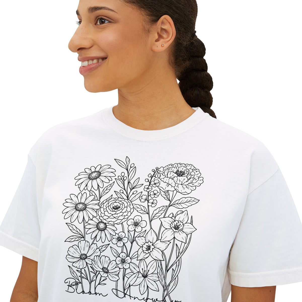 Floral Line Art Boxy T-Shirt, Women’s Botanical Sketch Tee - 14987