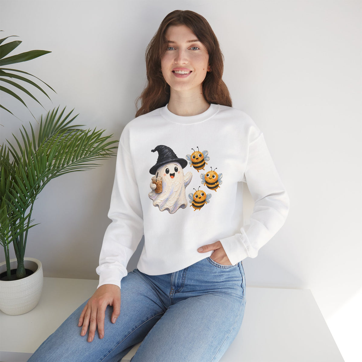 Cute Halloween Ghost & Bees Sweatshirt, Whimsical Witch Hat Crewneck - 14538