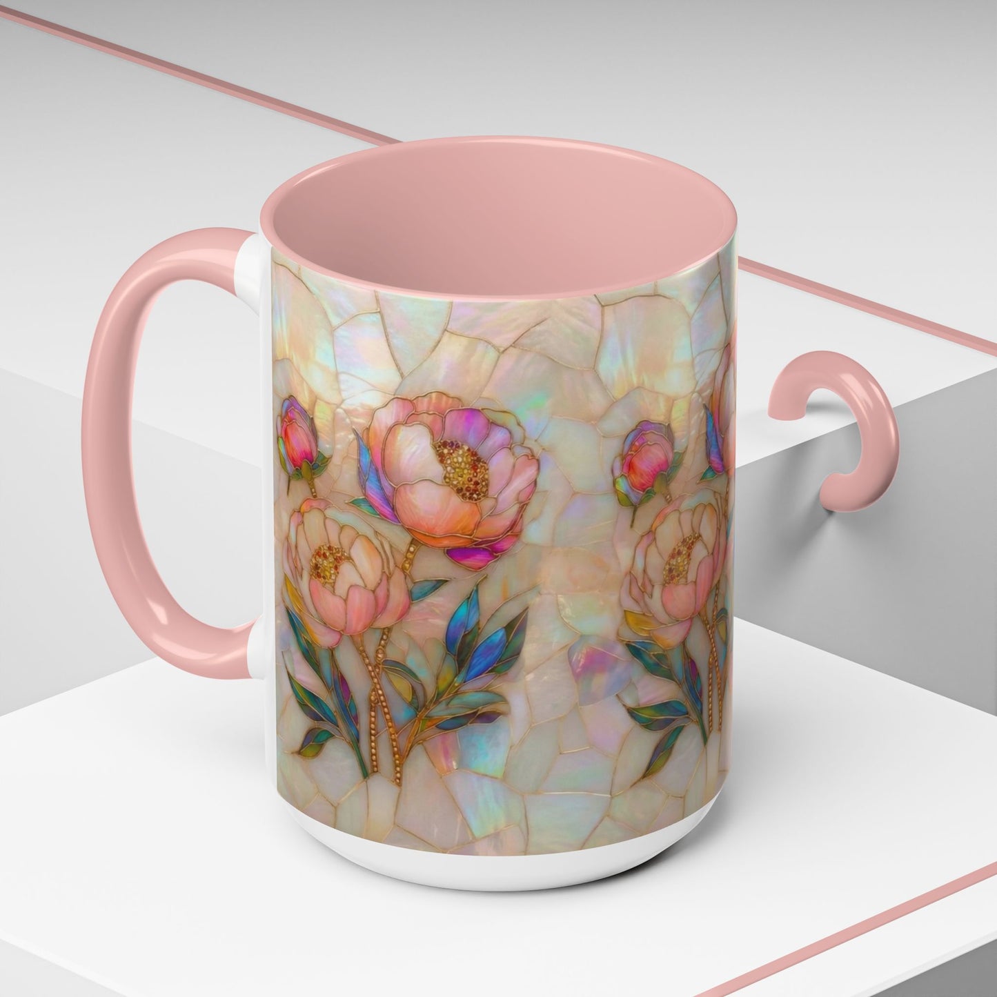 Peony Stained Glass Accent Coffee Mug – Floral Art 11/15oz - 14519