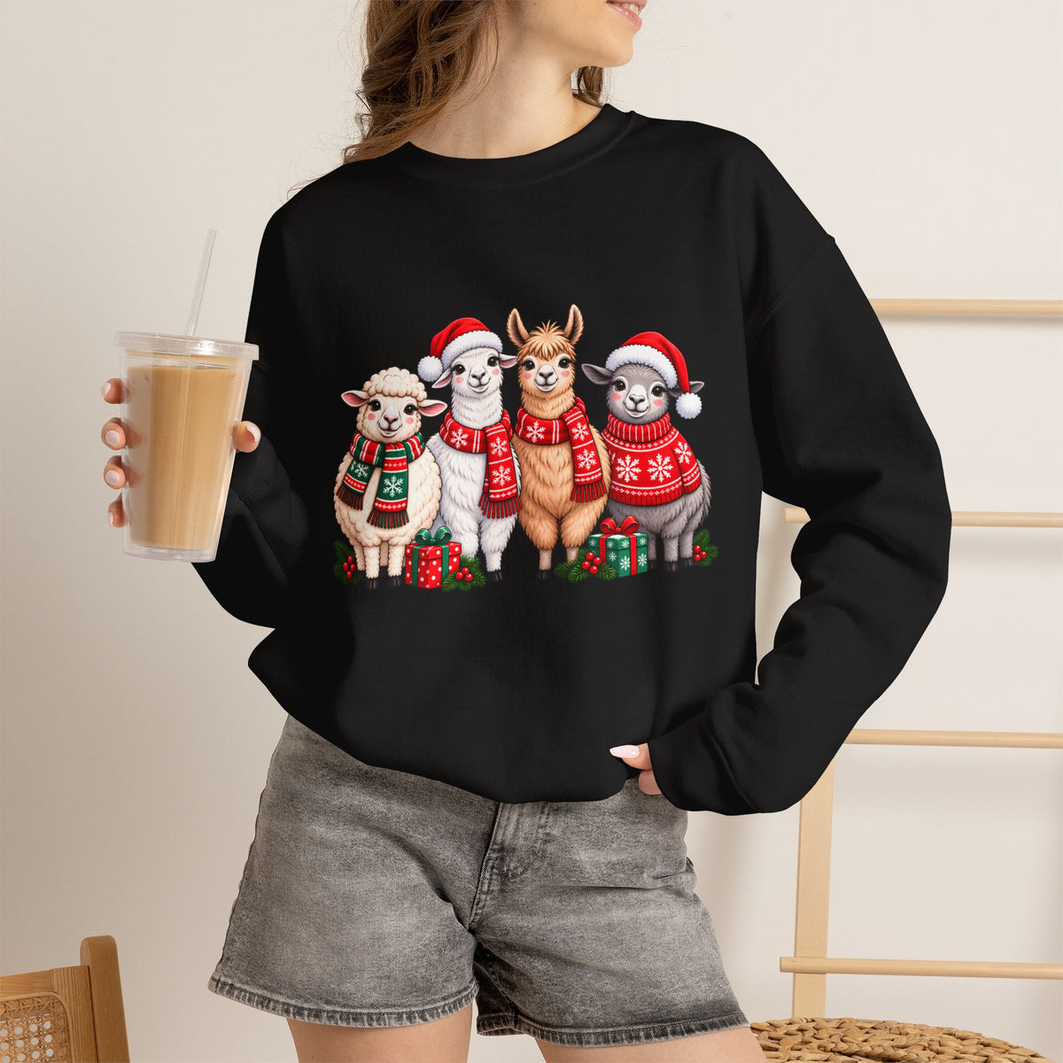 Festive Christmas Animal Friends Sweatshirt, Cute Sheep & Alpaca Holiday Crewneck - 14553
